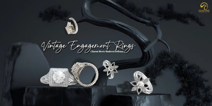 Vinage engagement rings made by golden jewels presented with bonsai tree in black theme