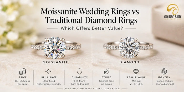 Moissanite and diamond wedding rings compared by cost, brilliance, durability and stone identity