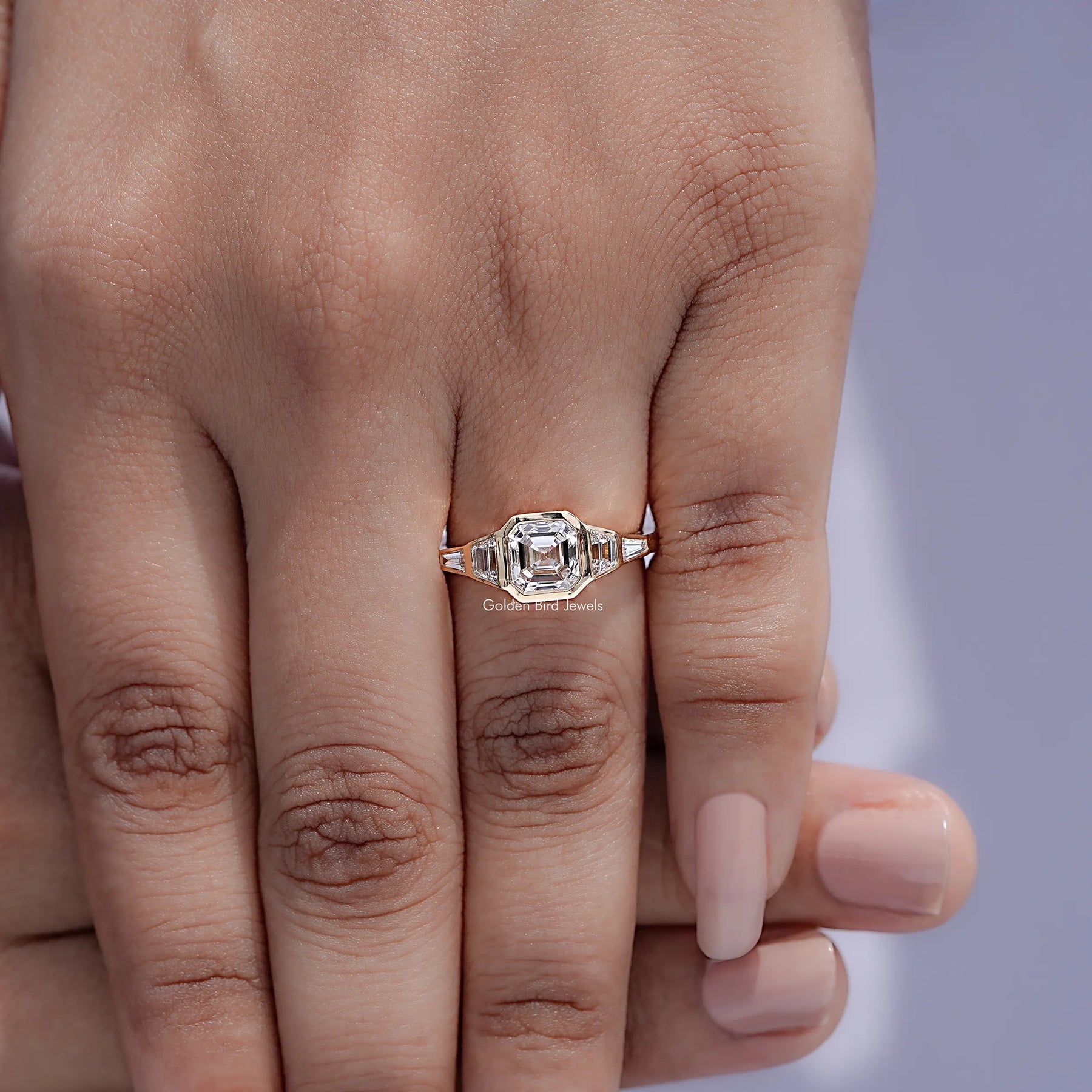 Detailed view of Asscher And Trapezoid Lab Diamond Five Stone Ring