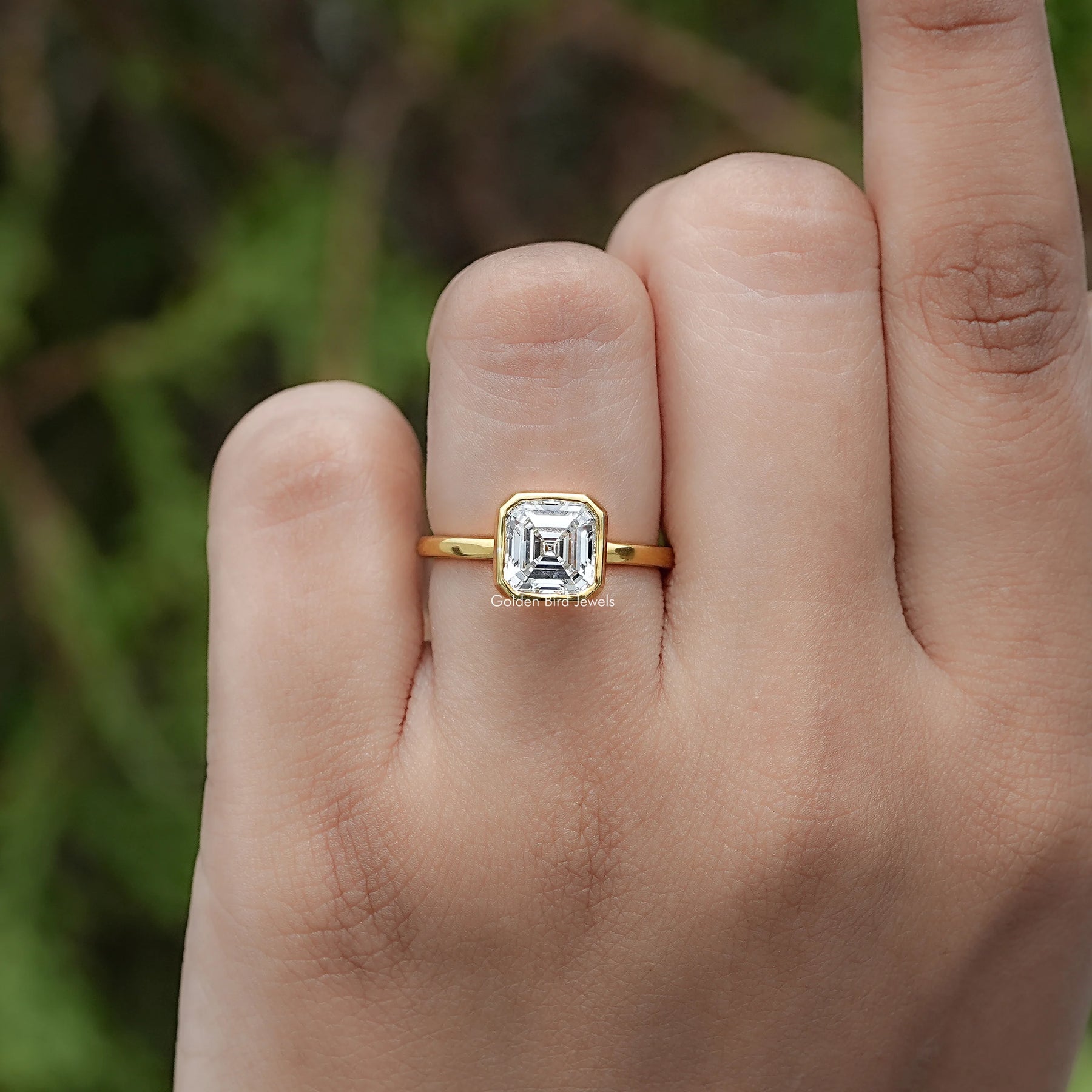 Front view of Bezel Set Asscher Cut Lab Diamond Solitaire Ring