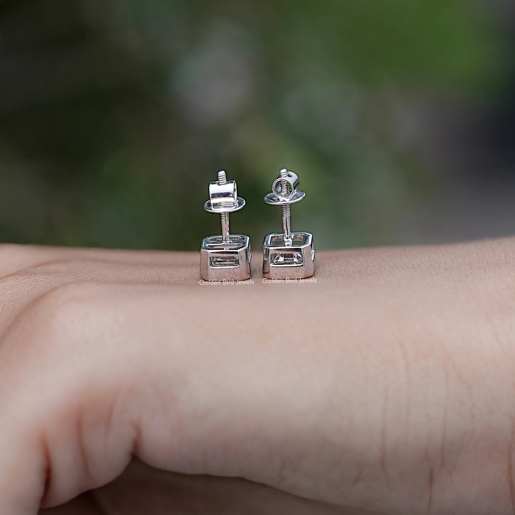 Back View of Asscher Cut Diamond Set Stud Earrings in screw back