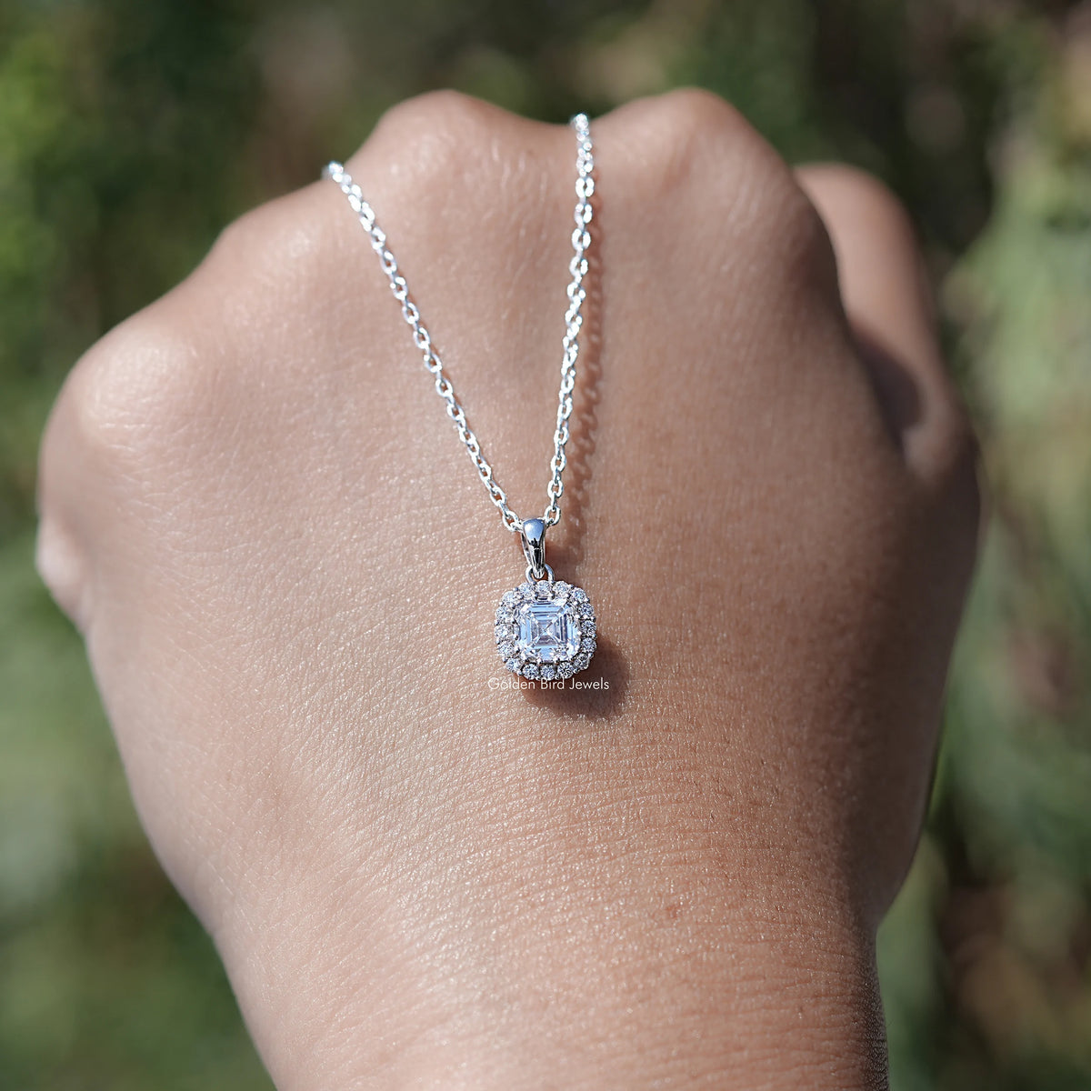 Front View of Old Mine Cushion Square Lab Diamond Halo Pendant