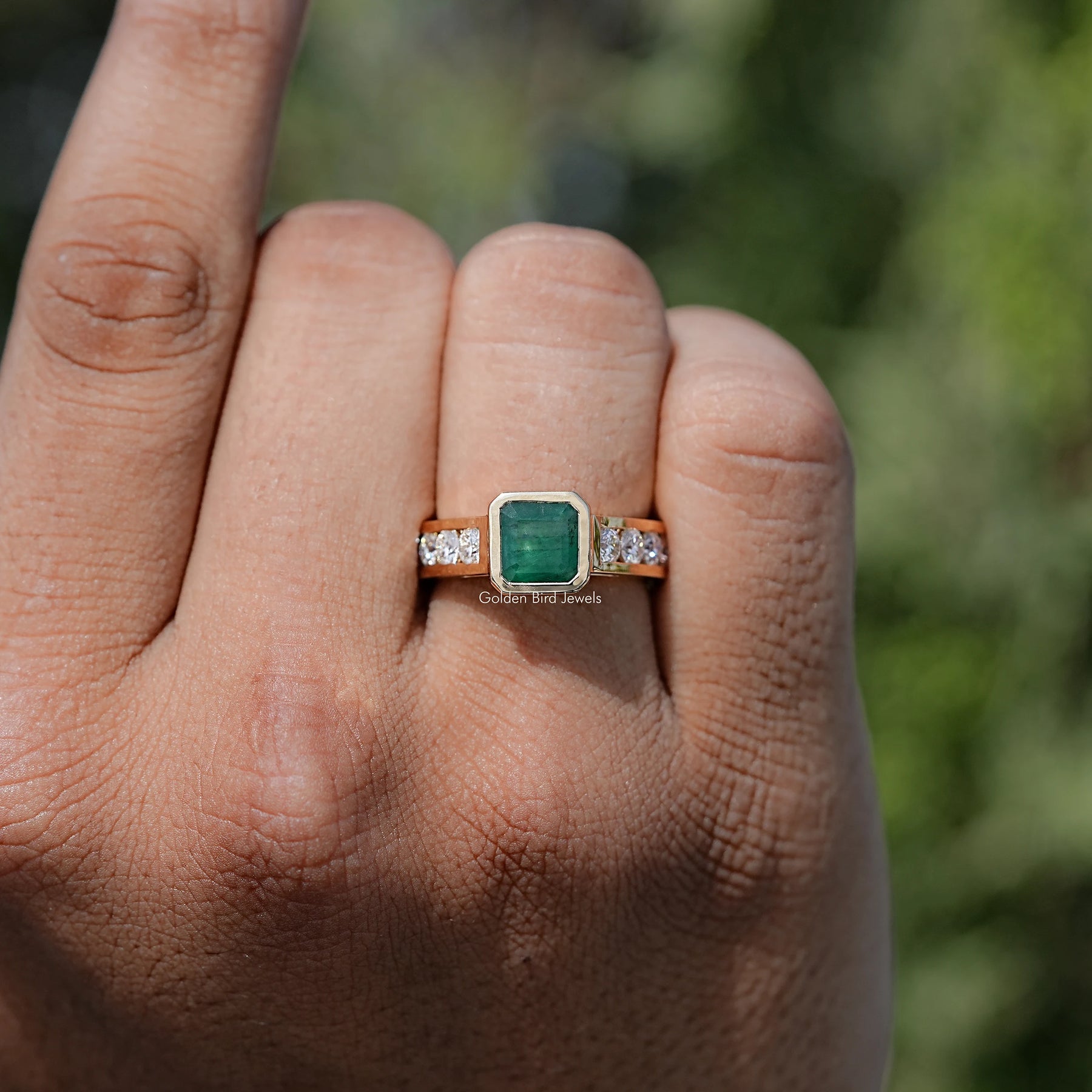 View of Bezel Cut Moissanite Solitaire Ring in prongs setting