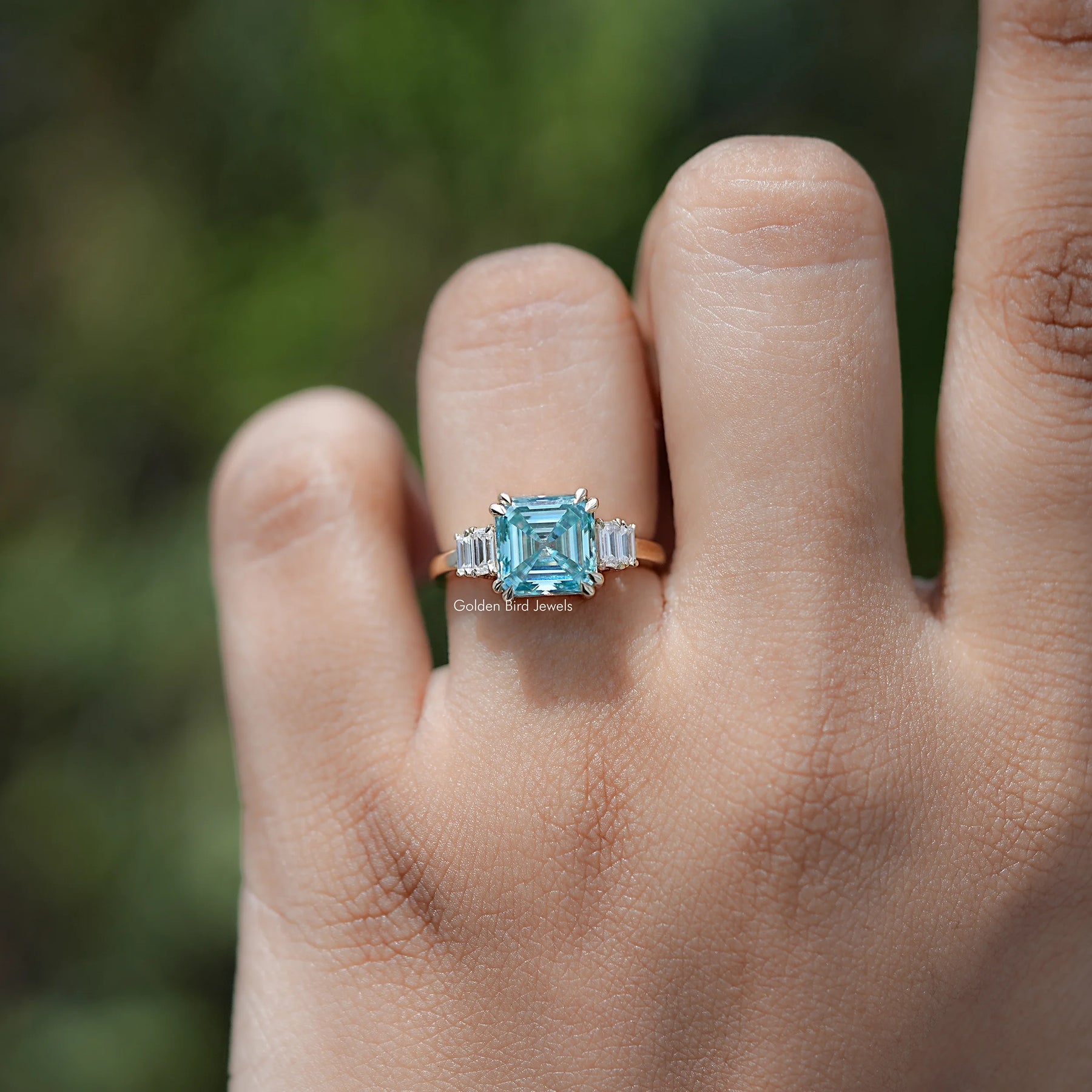 Close view of Asscher Five Stone Engagement Ring