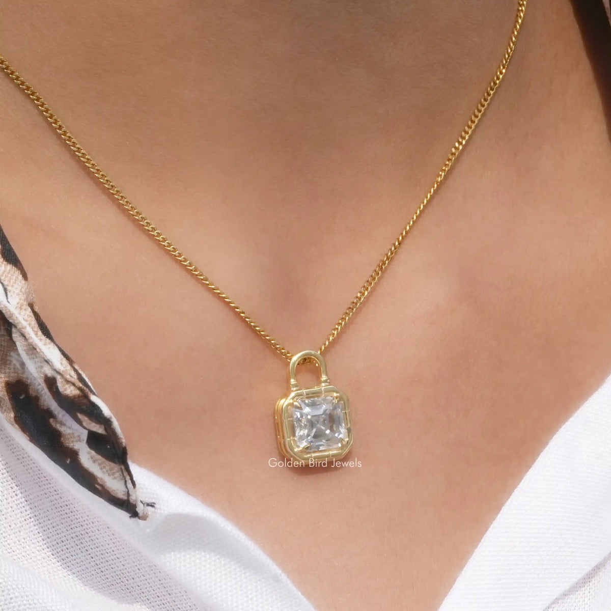 In neck view of Asscher moissanite cut halo pendant