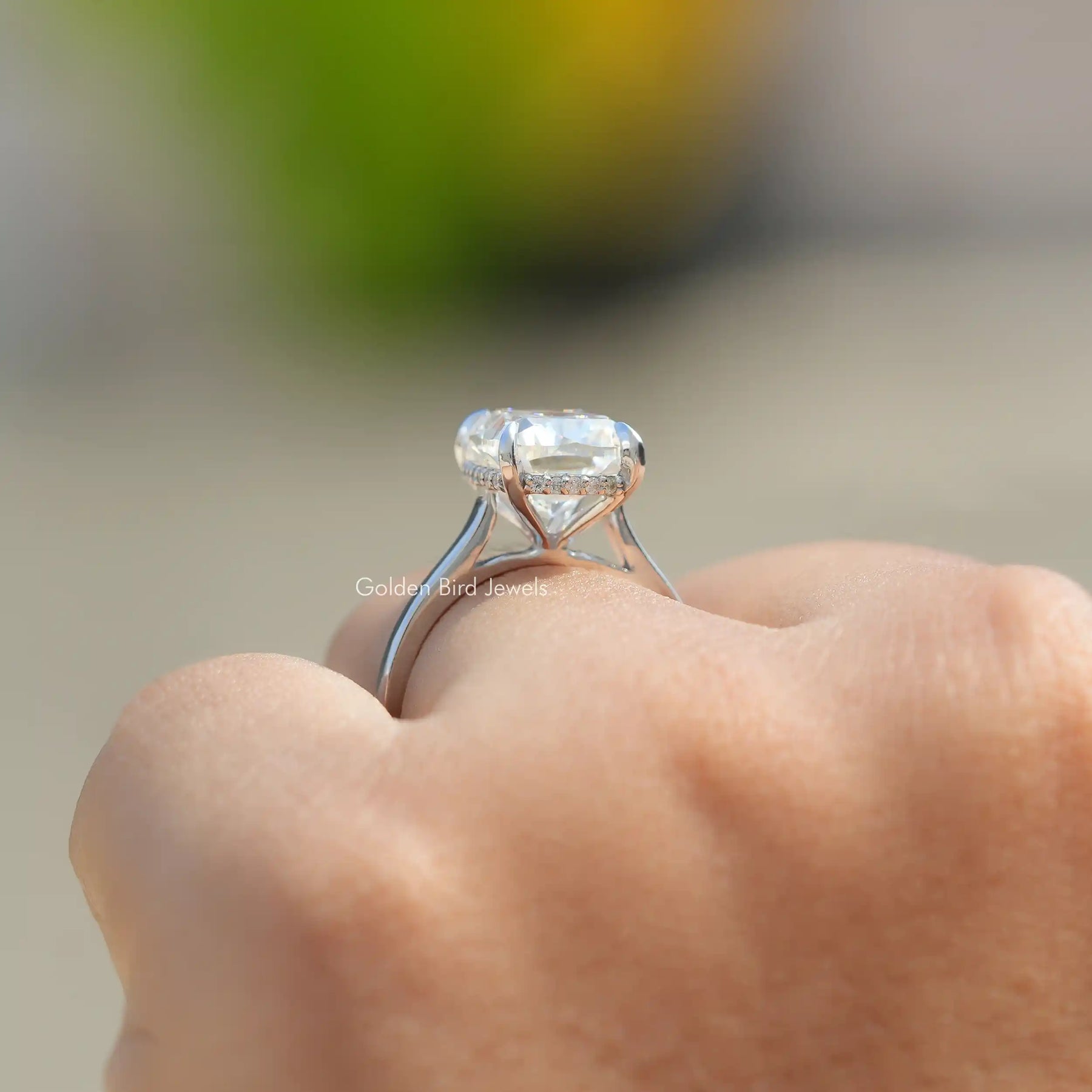 Side View of Elongated Cushion Hidden Halo Ring