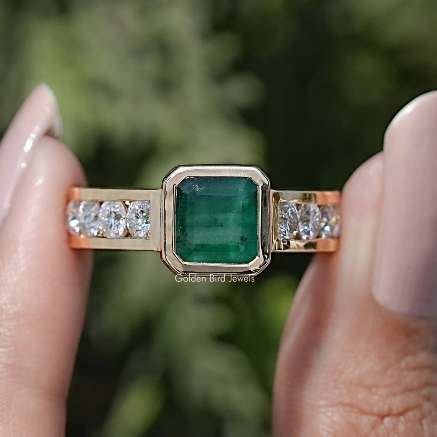 Front view of Bezel Set Asscher Gemstone Accent Engagement Ring