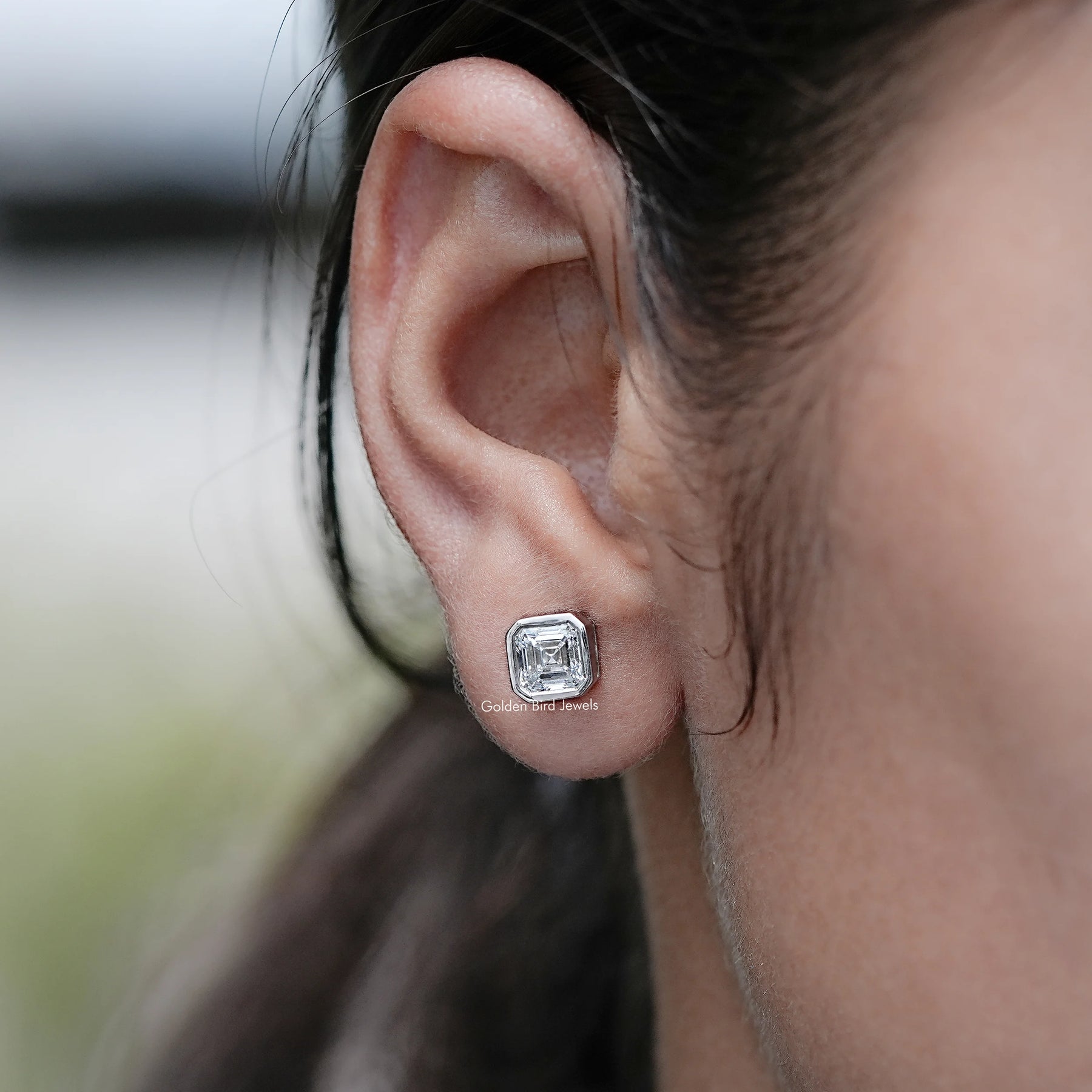 Side View of Asscher Cut Lab Diamond Bezel Set Stud Earrings