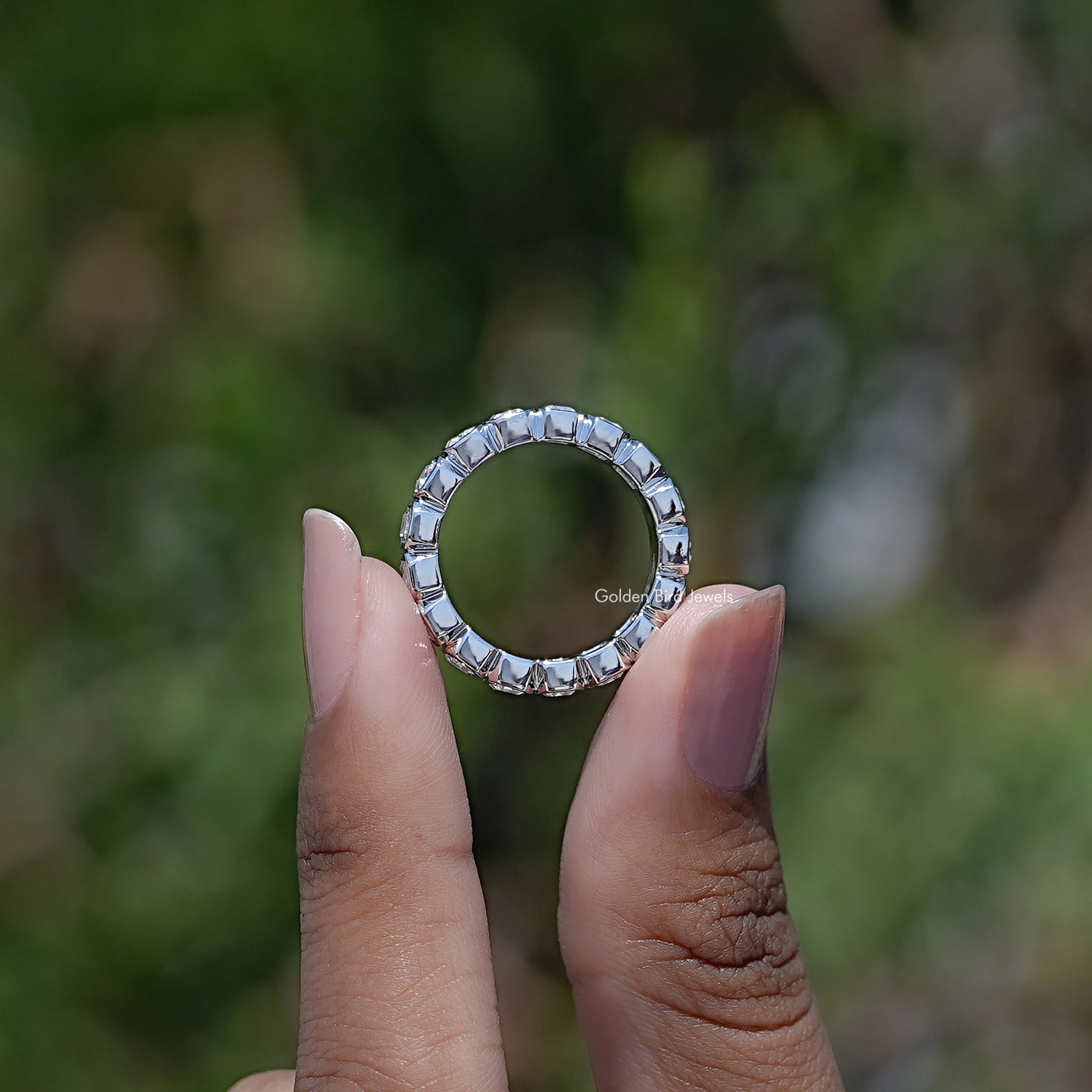 Back view of Bezel Set Emerald Cut Full Eternity Band Set in secure setting