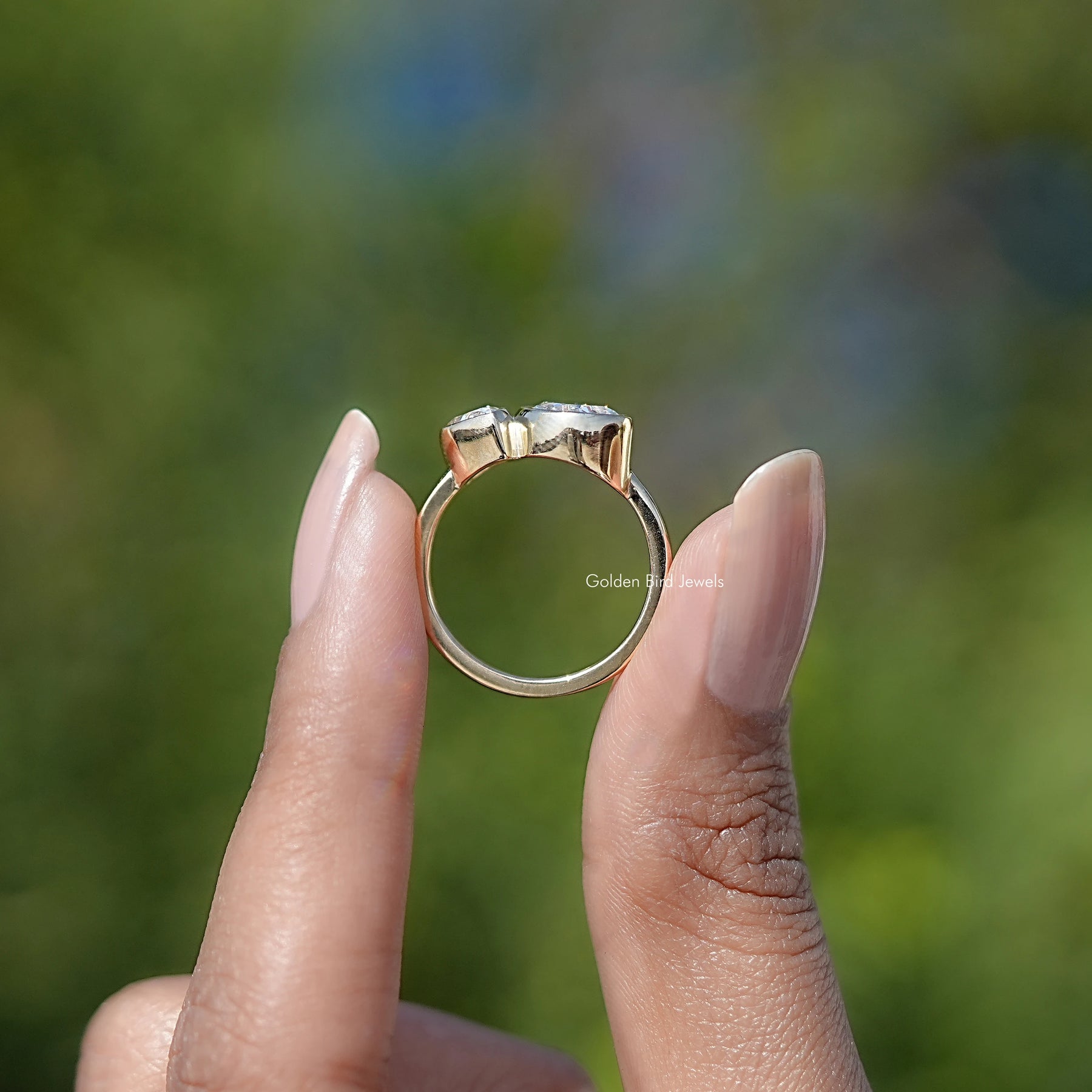 Back view of Lab Diamond Two Stone Ring in secure setting