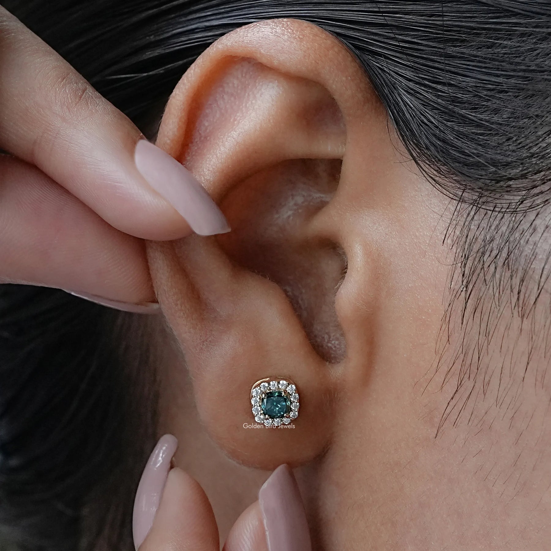 Front view of cushion shaped moissanite stud earrings
