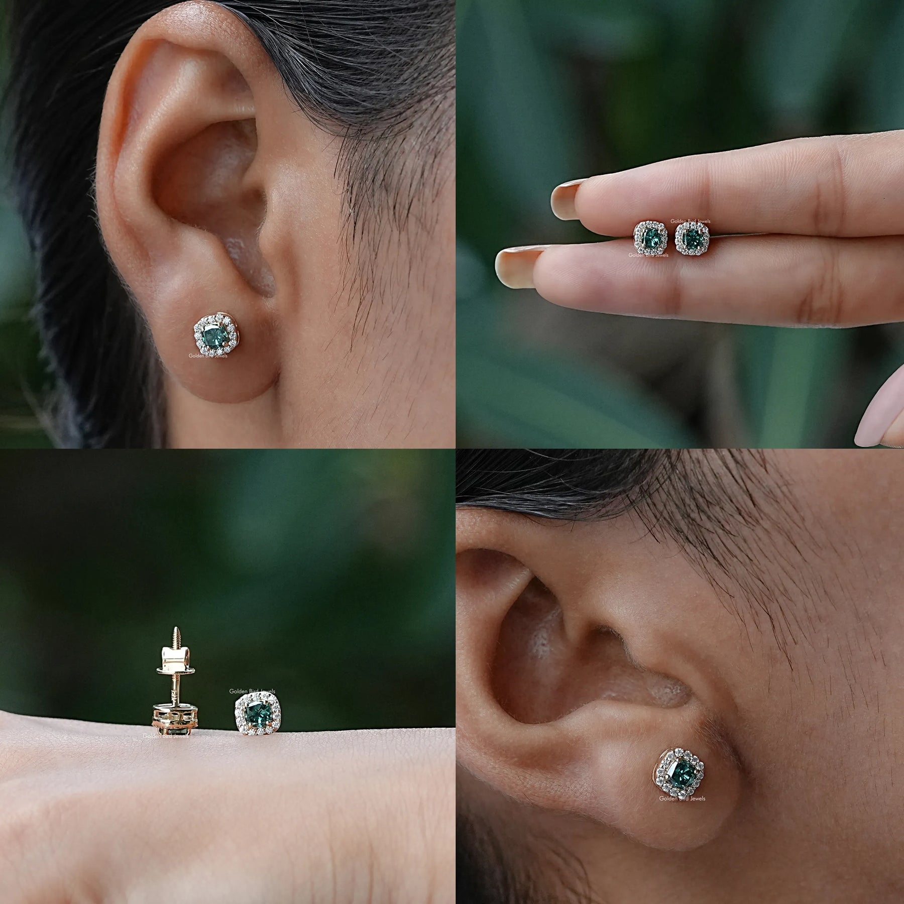 Front , back , ear and finger view of moissanite stud earrings