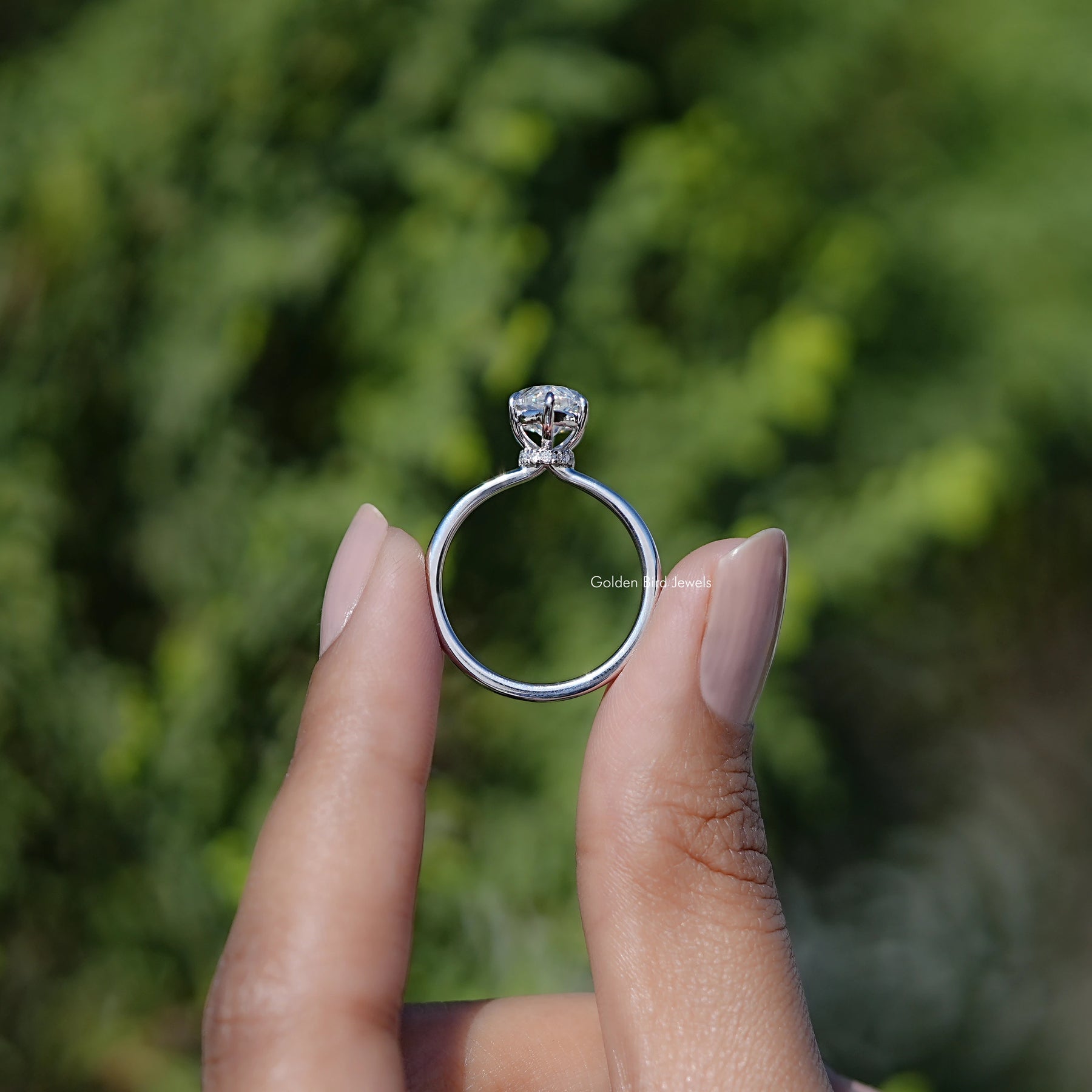 Back view of Marquise Cut Moissanite ring in secure setting