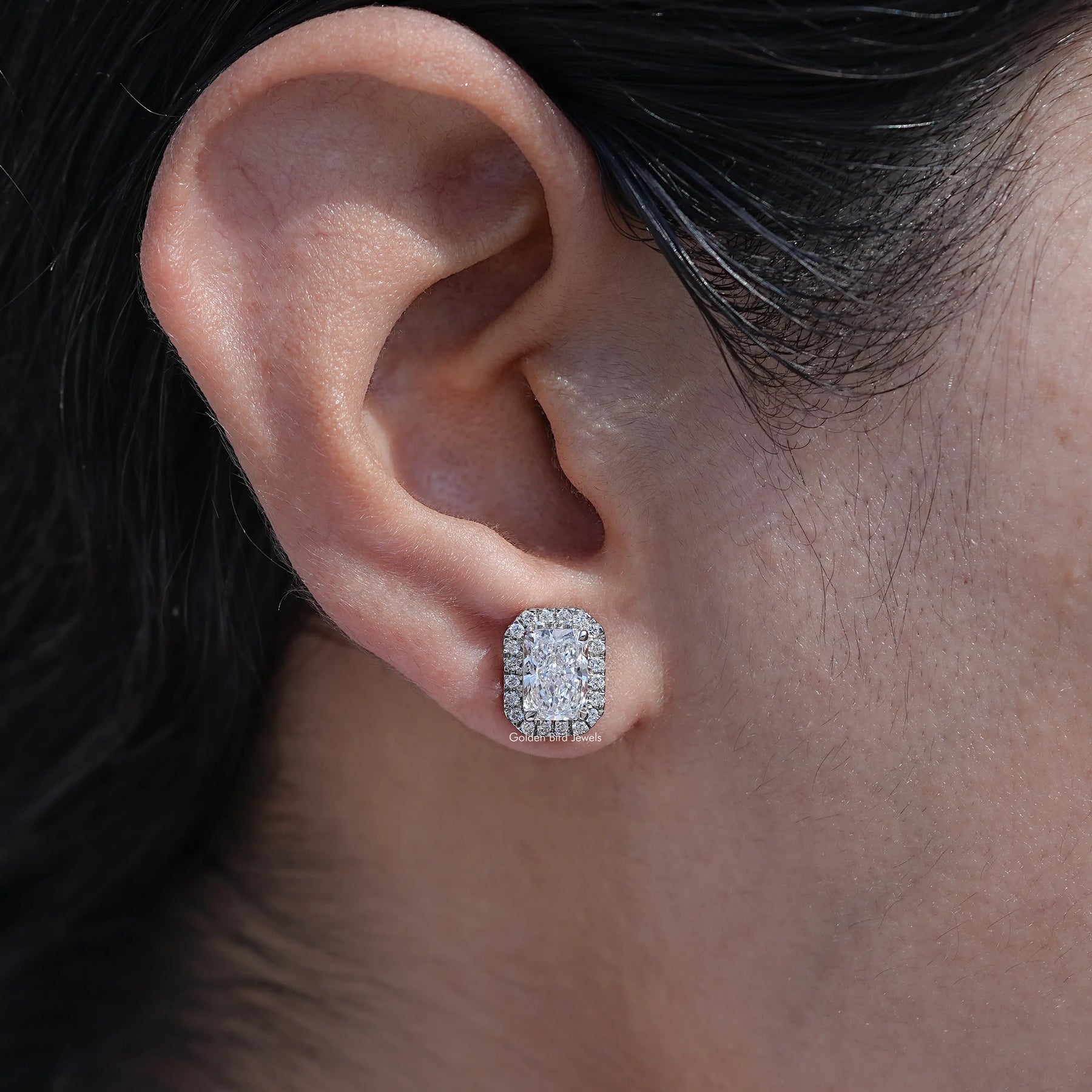View of Radiant Cut diamond Stud Earrings In White Gold