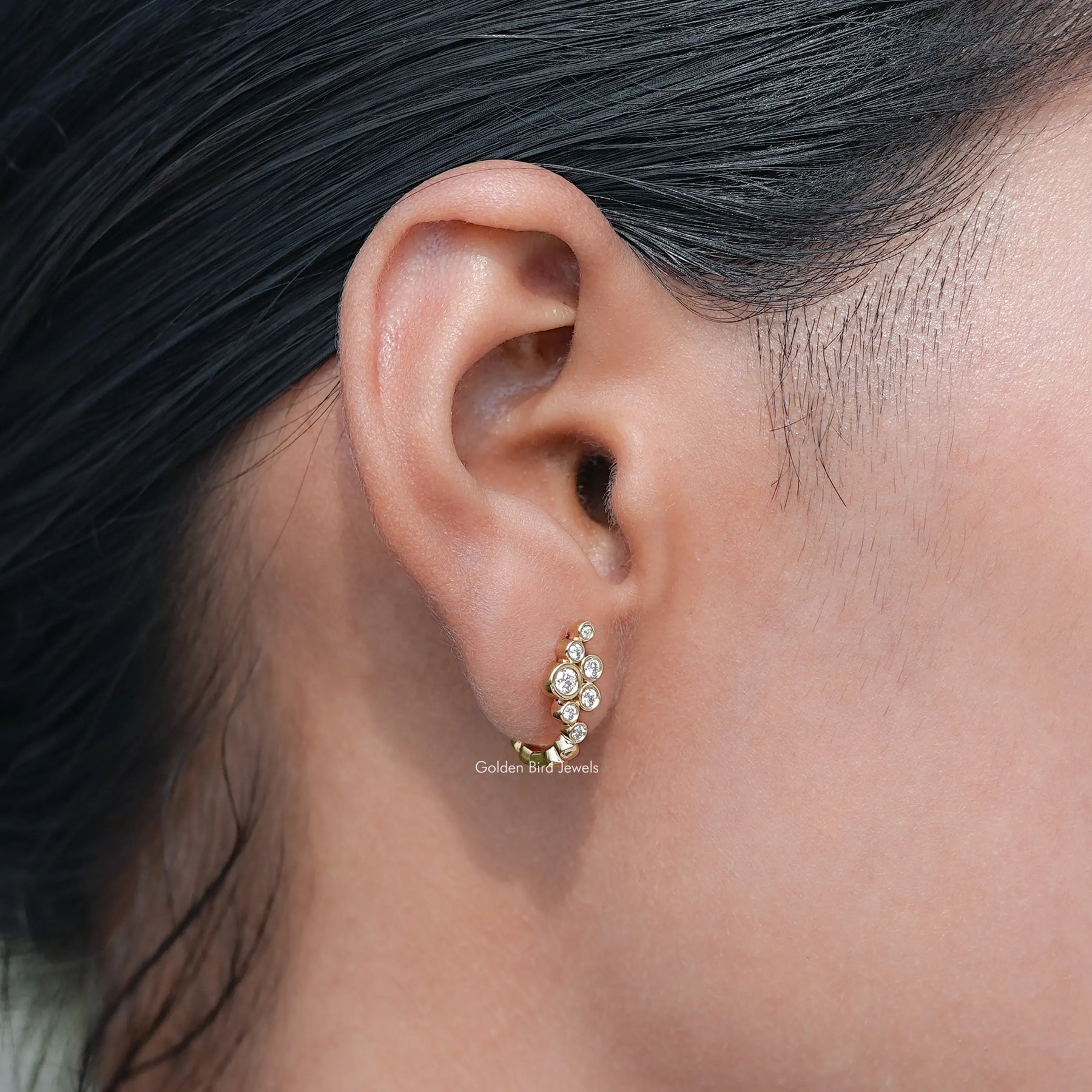 Detailed view of  Round Lab Diamond Hoop Earrings in secure setting