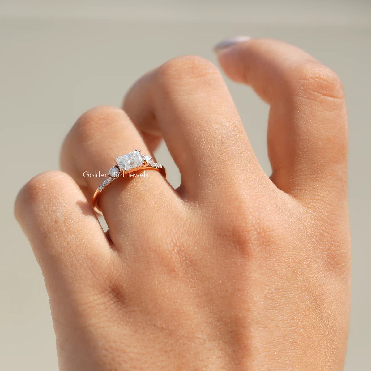 View of Radiant Cut Moissanite Engagement Ring In Yellow Gold