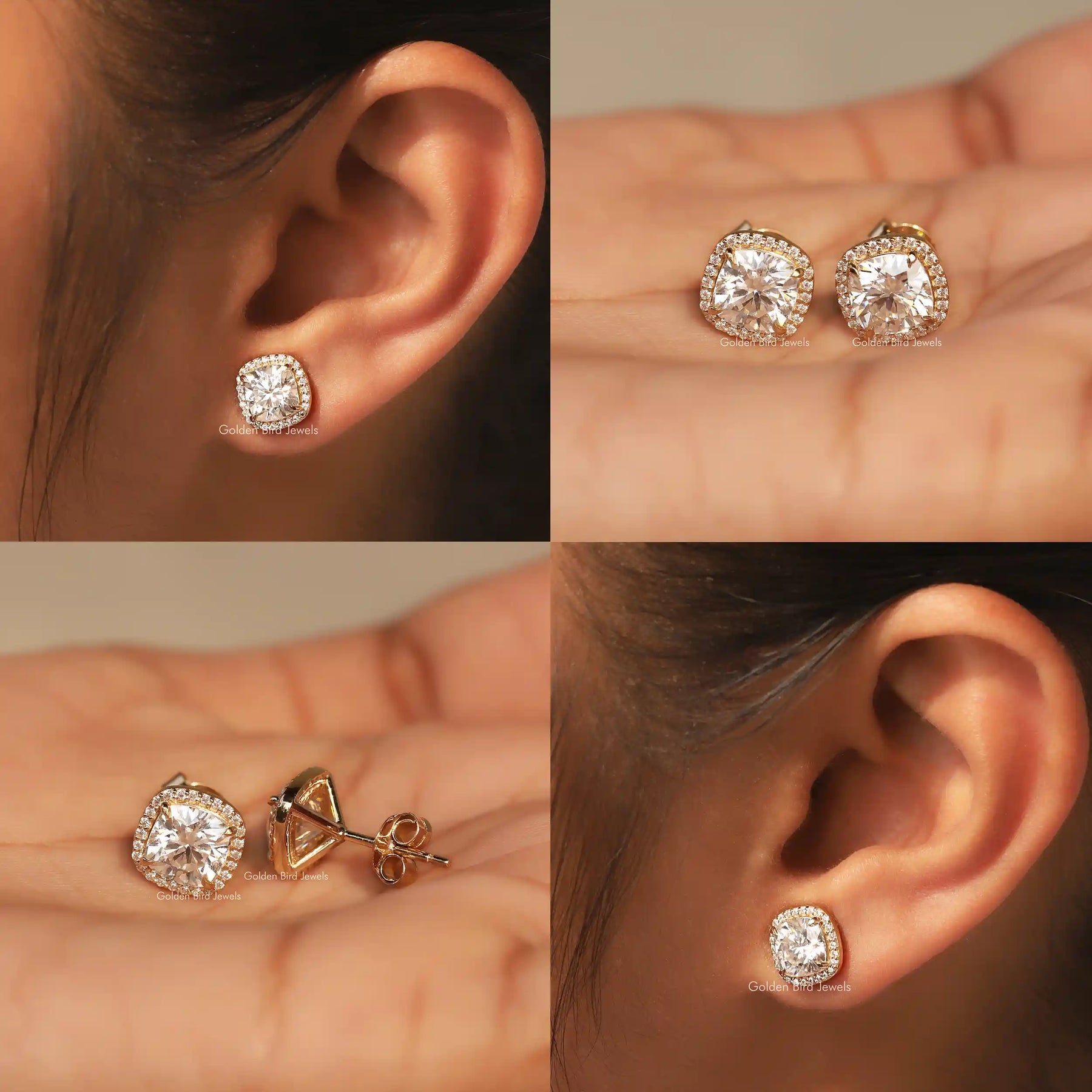 Front,hand,back and ear view of cushion cut stud earrings
