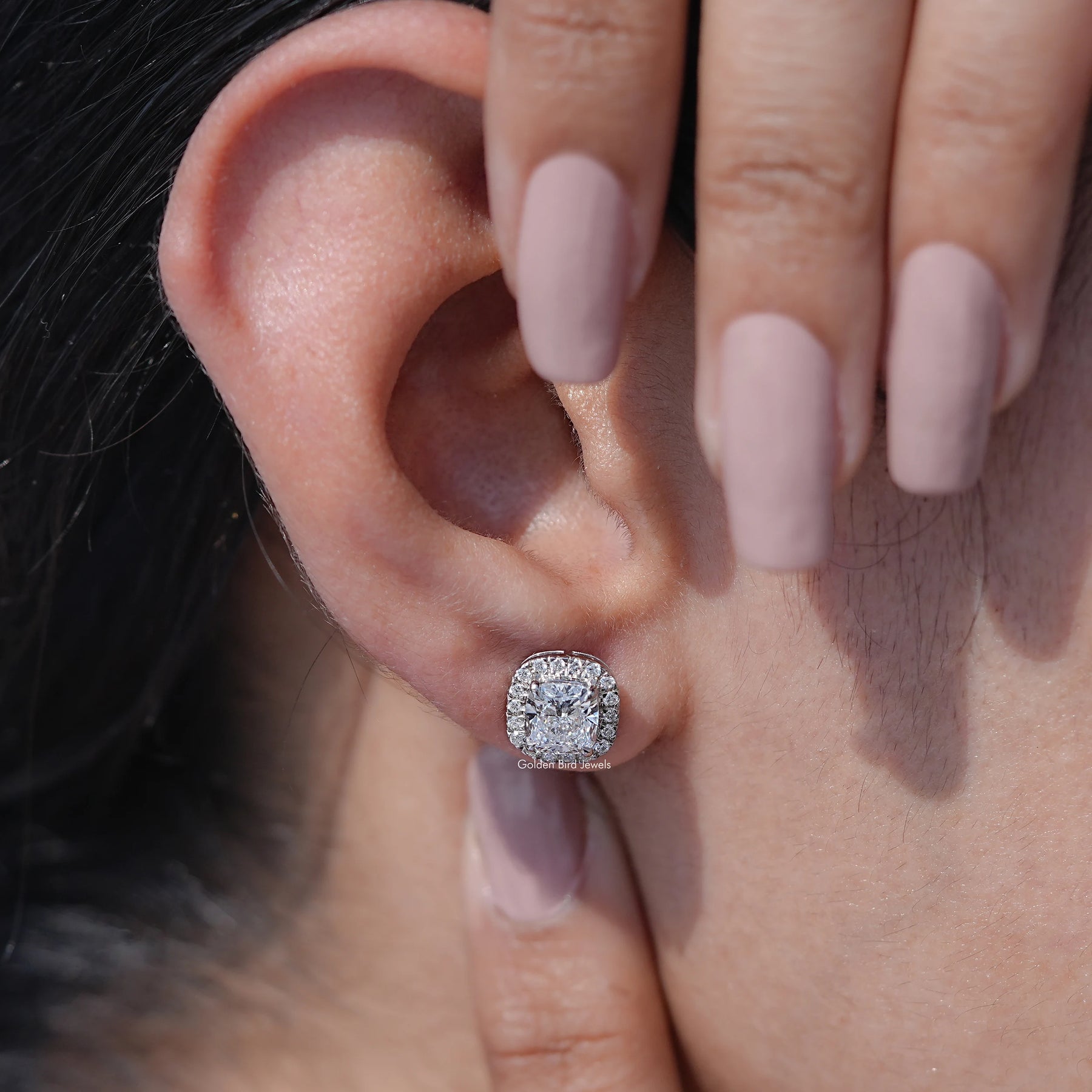 close-up view of diamond cushion Cut Studs Earrings