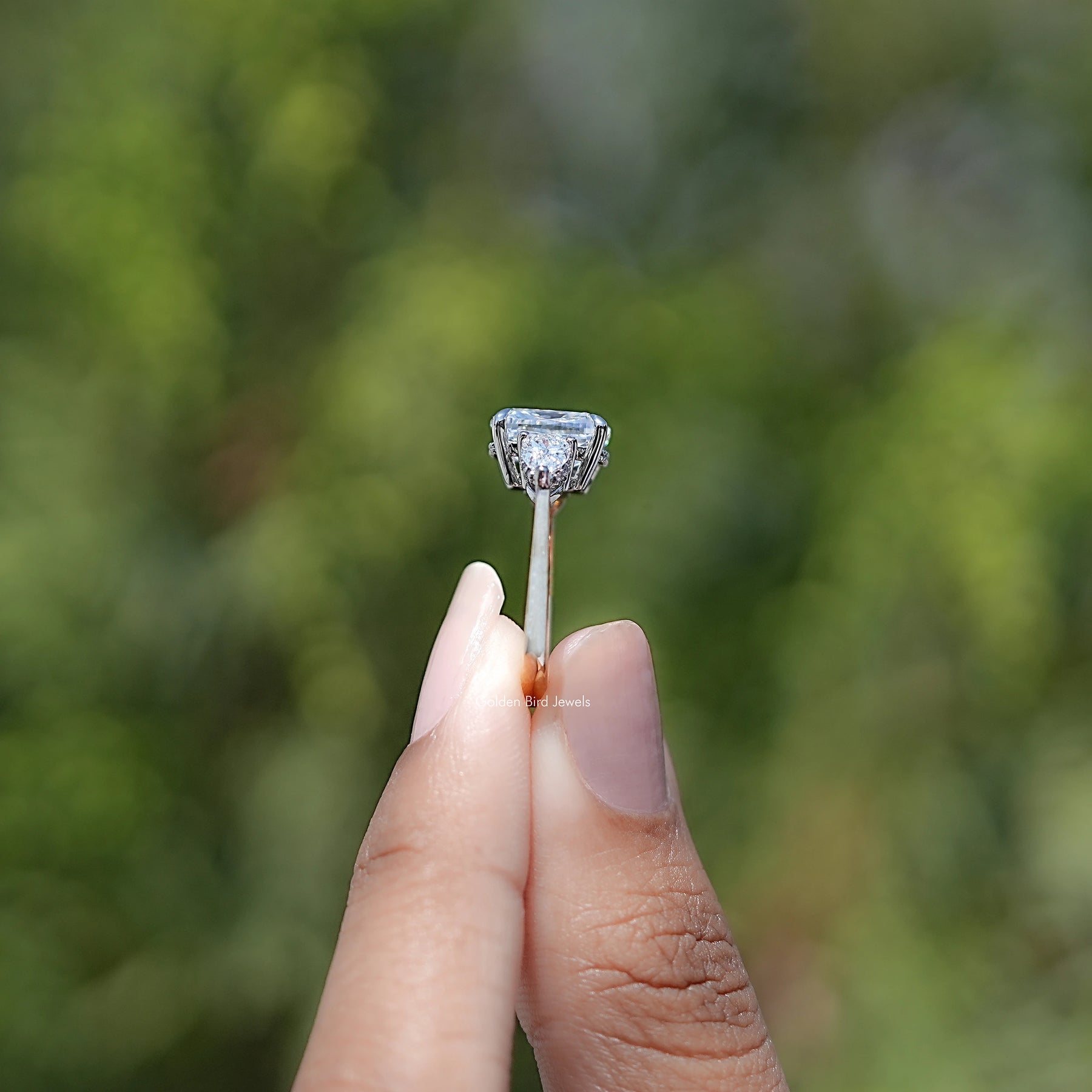 Cushion Lab Diamond Three Stone Hidden Halo Ring