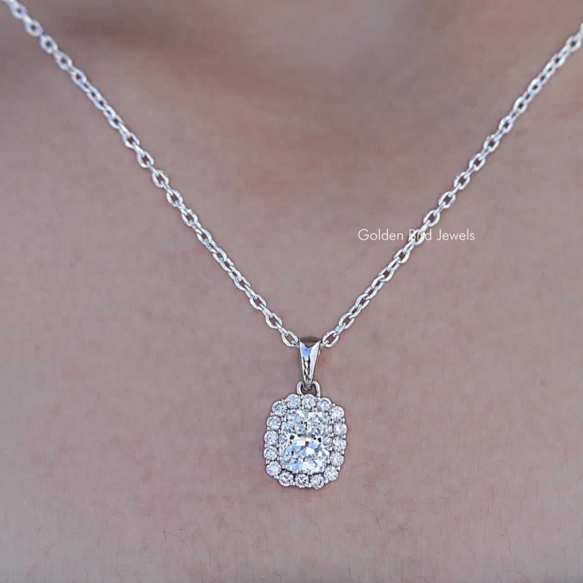 Close up view of Cushion Cut Lab Grown Diamond Halo Pendant