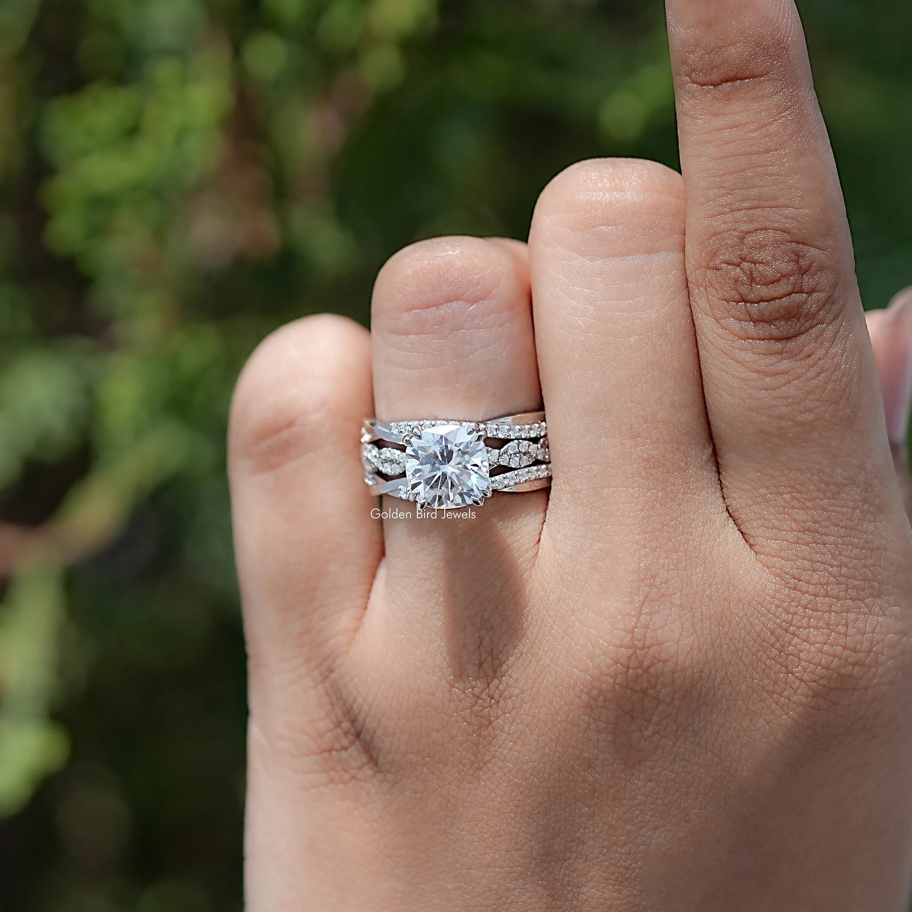 Cushion Cut Moissanite Accent Bridal Ring Set