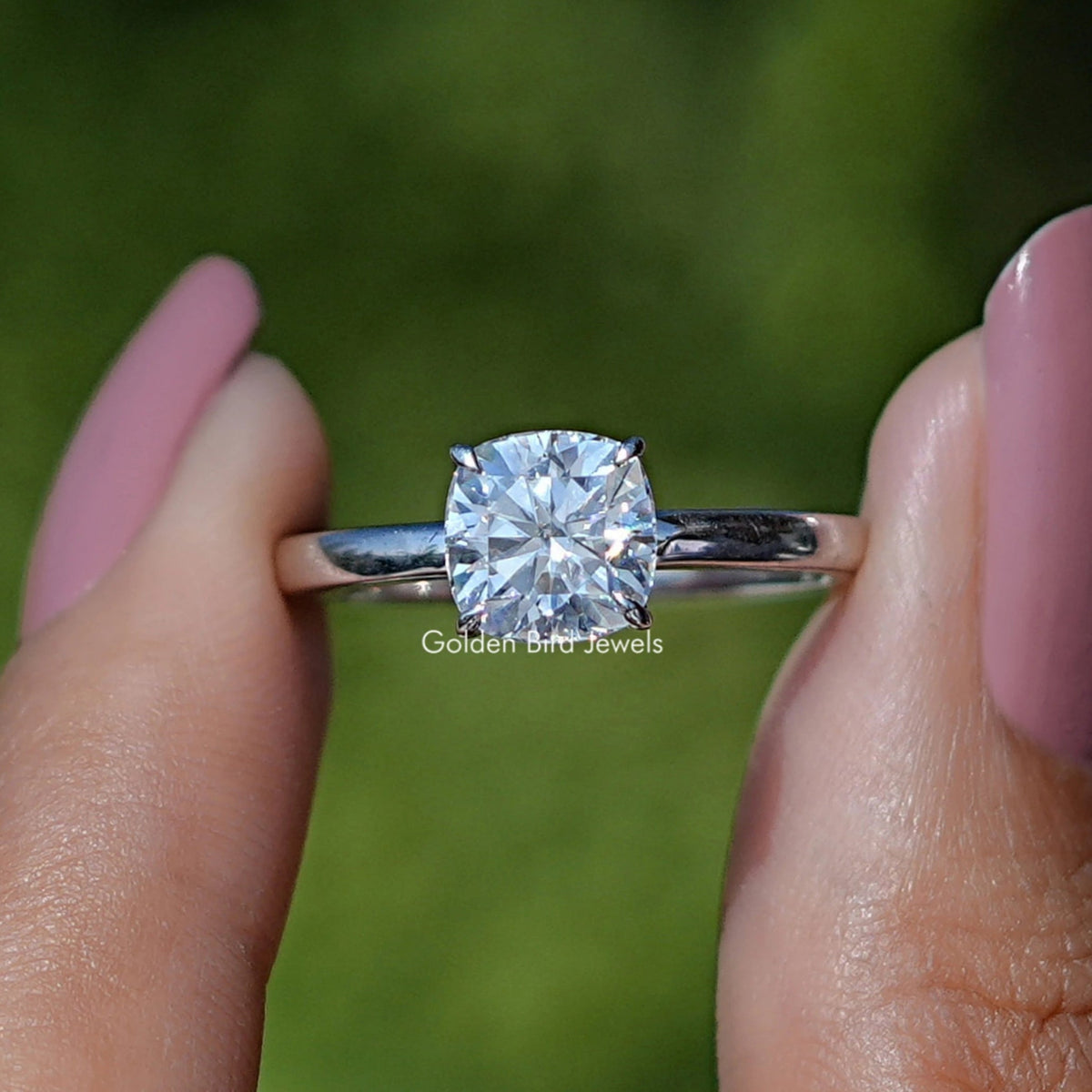 Front view of Cushion Cut Moissanite Solitaire Engagement Ring