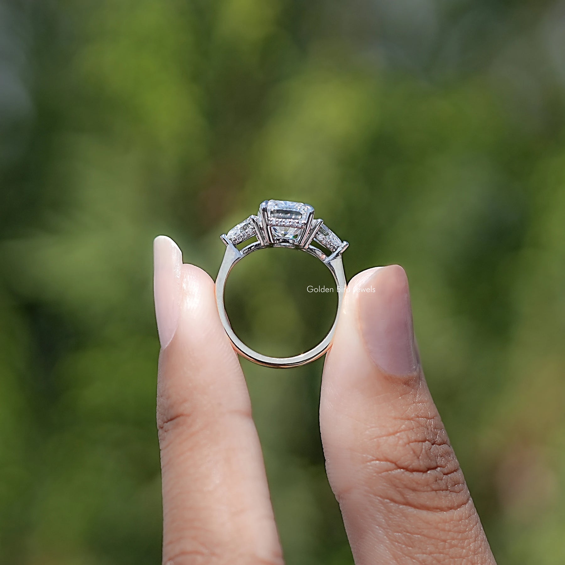 Cushion Lab Diamond Three Stone Hidden Halo Ring