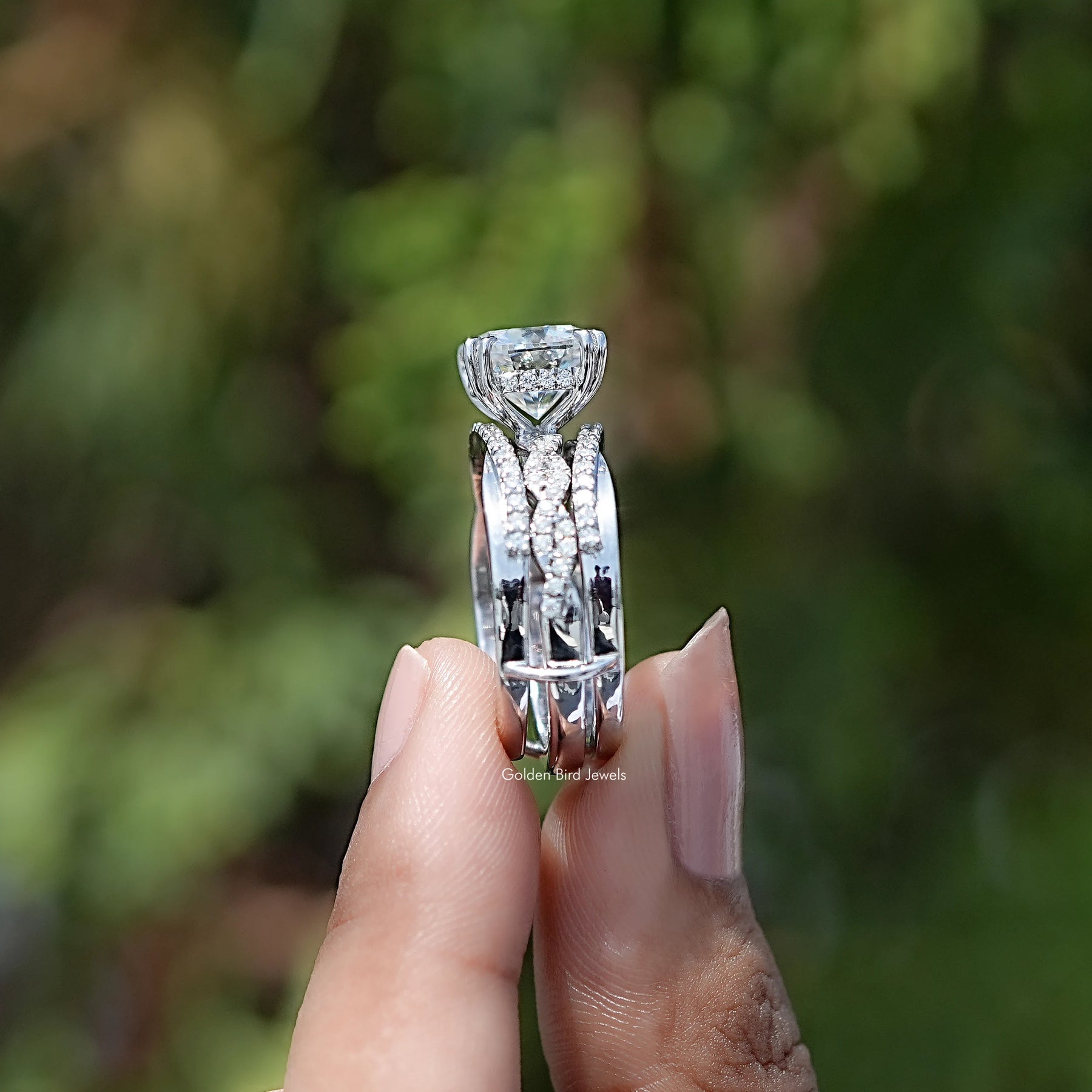 Cushion Cut Moissanite Accent Bridal Ring Set