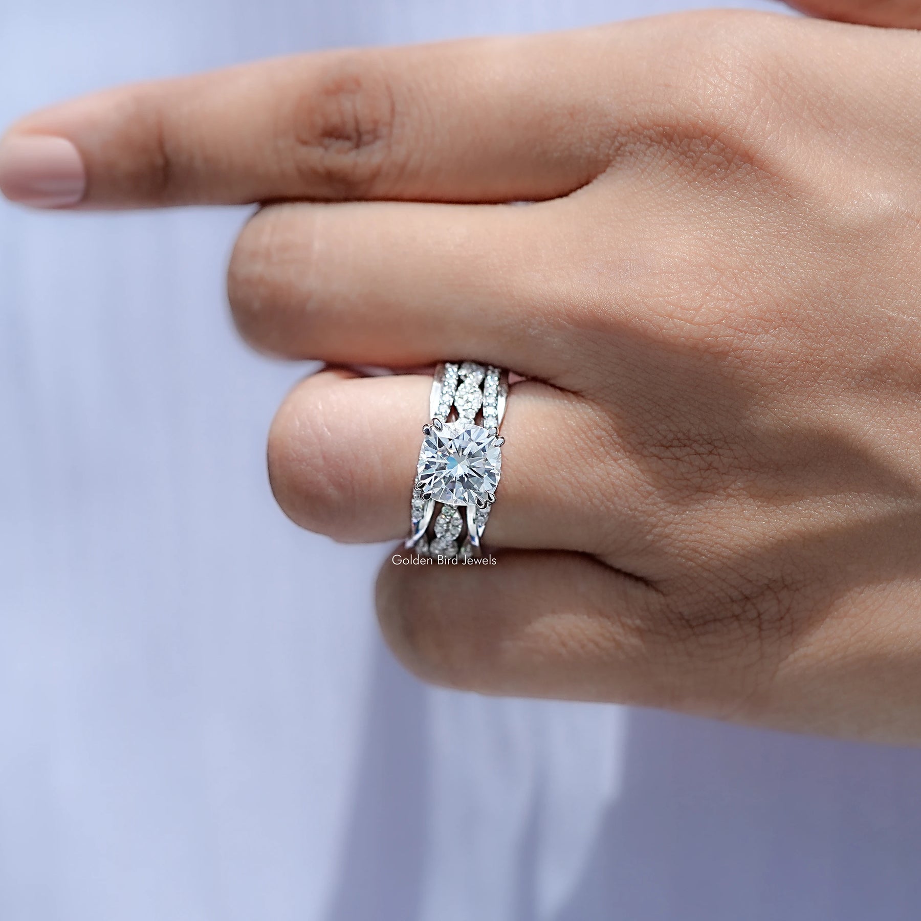 Cushion Cut Moissanite Accent Bridal Ring Set