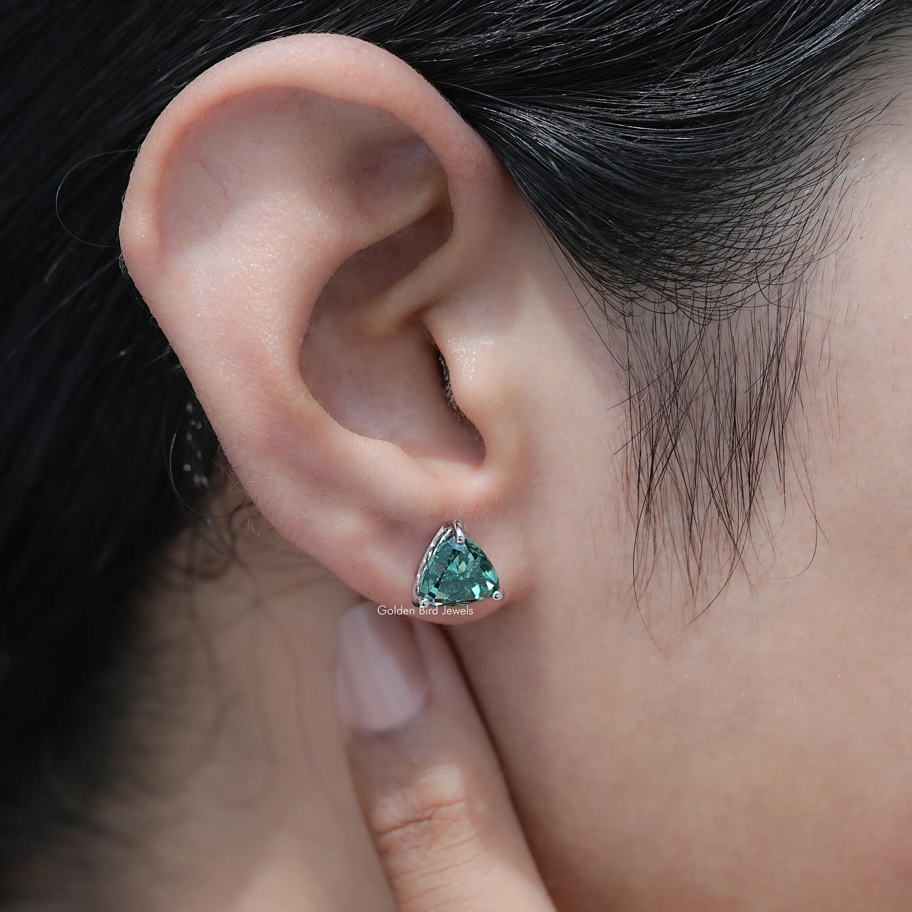 Dark Green Trillion Cut Moissanite Stud Earrings