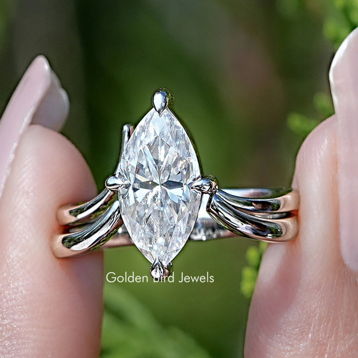 Front view of Marquise Cut Moissanite Solitaire Chevron Ring