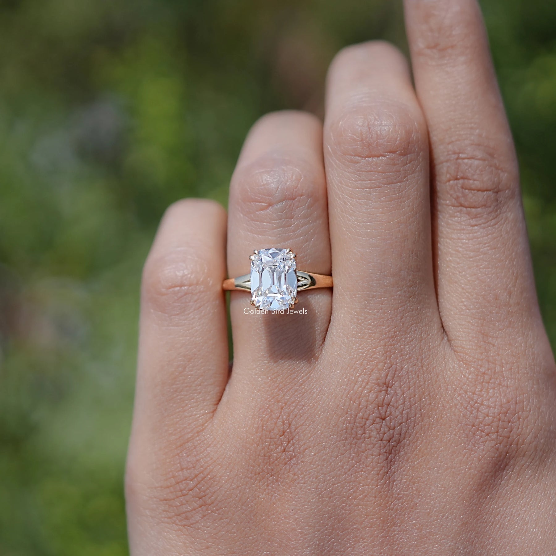 In finger front view of Lab Diamond Split Shank Ring