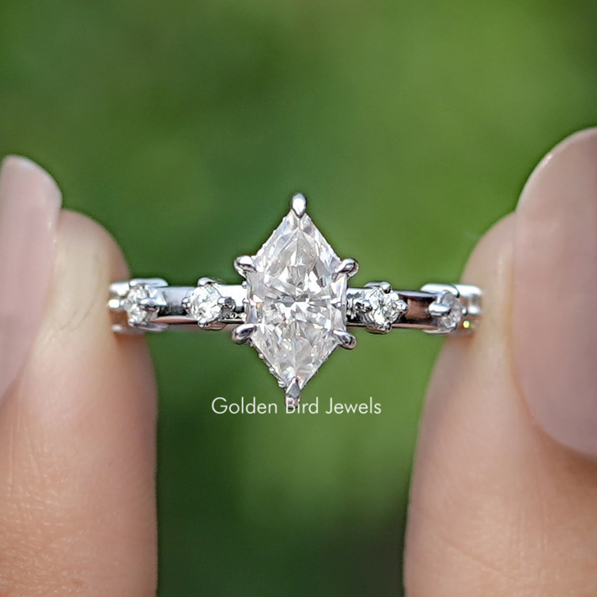 Front view of Dutch Marquise Cut Moissanite Distance Ring