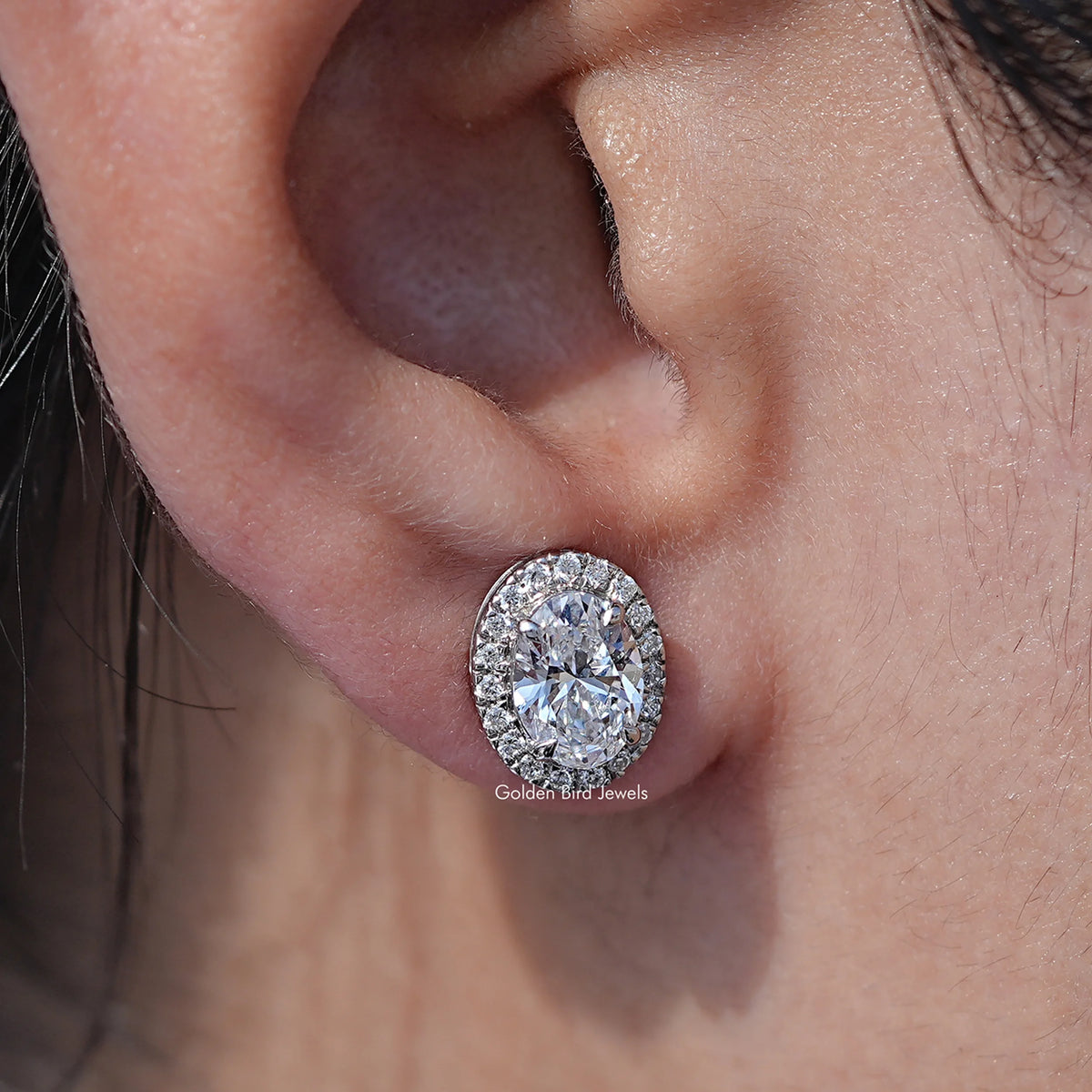 Close up view of Oval Cut Brilliant Lab Diamond Halo Stud Earrings