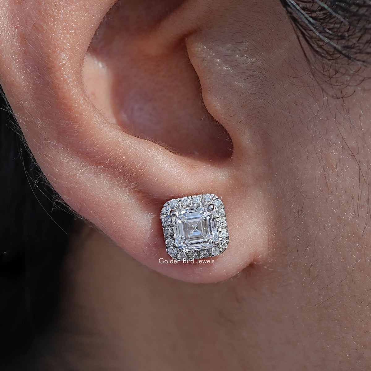 close up view of Asscher Cut Lab Grown Diamond Halo Stud Earrings