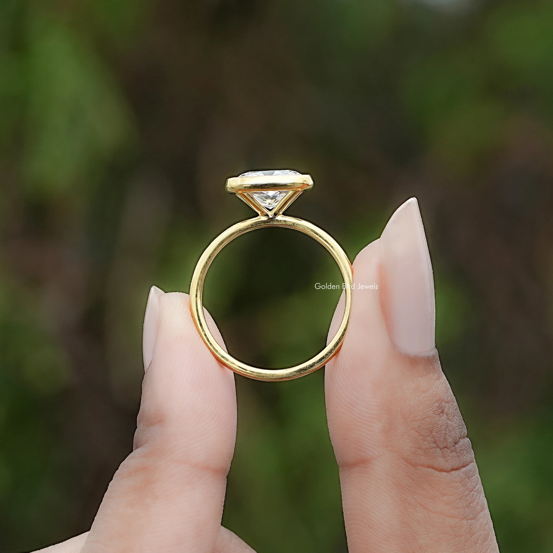 Back view of East West Cushion Cut Lab Diamond Bezel Set Ring