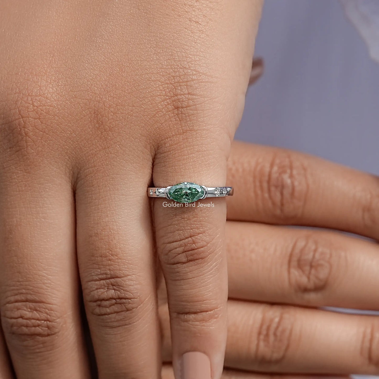 Detailed View Of East West Old Mine Moval Moissanite Ring