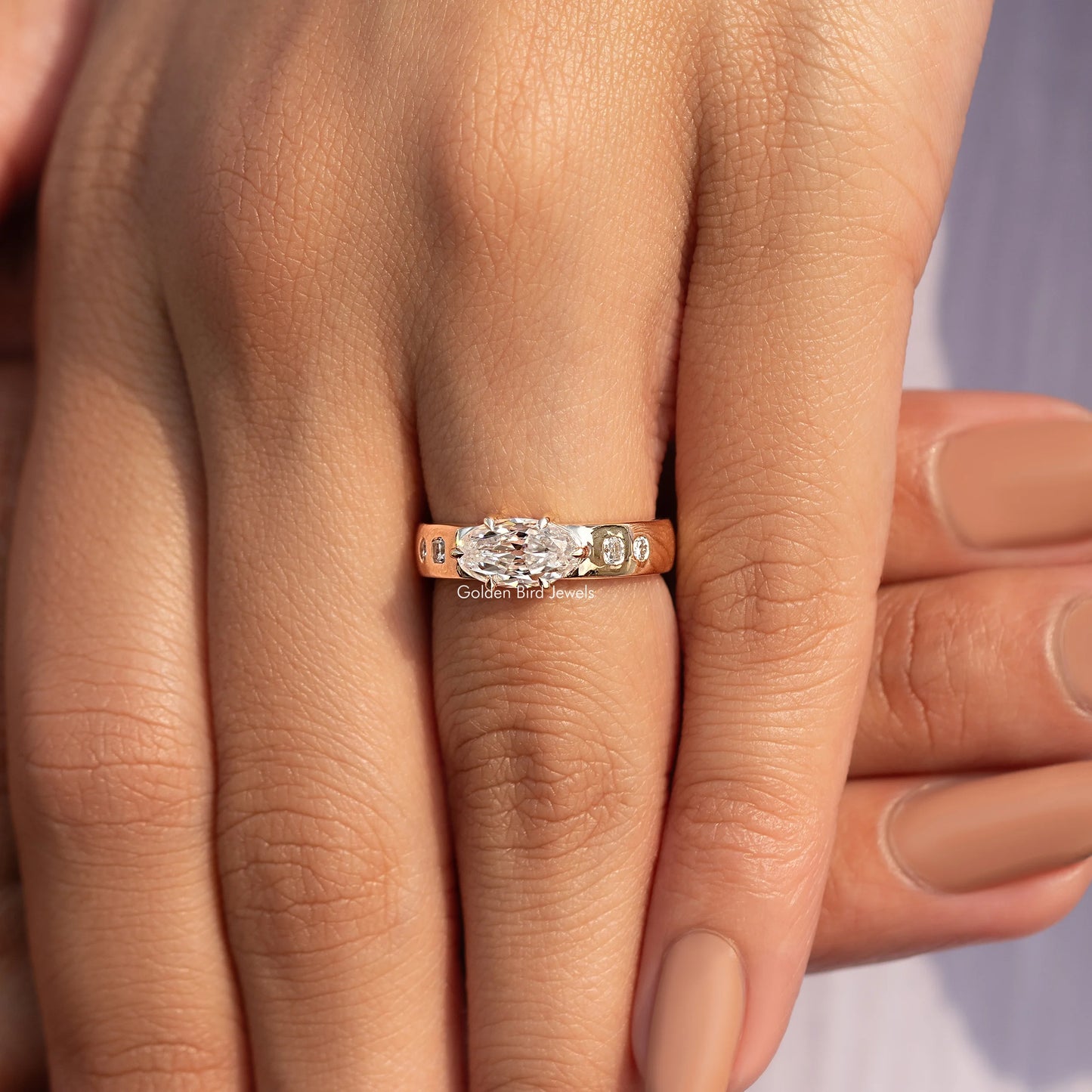 East West Set Old Moval Cut Moissanite Accent Ring