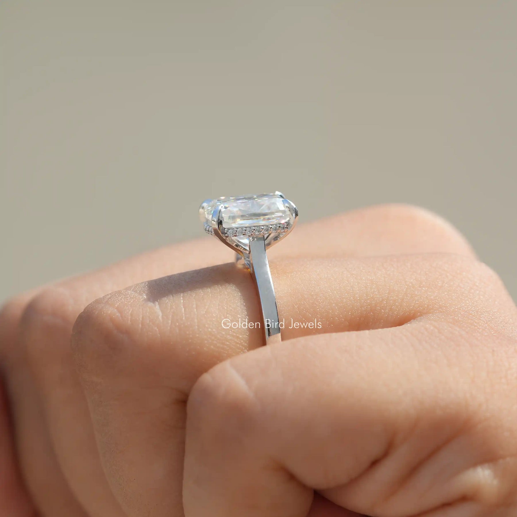 View of Moissanite Hidden Halo Ring in prongs setting