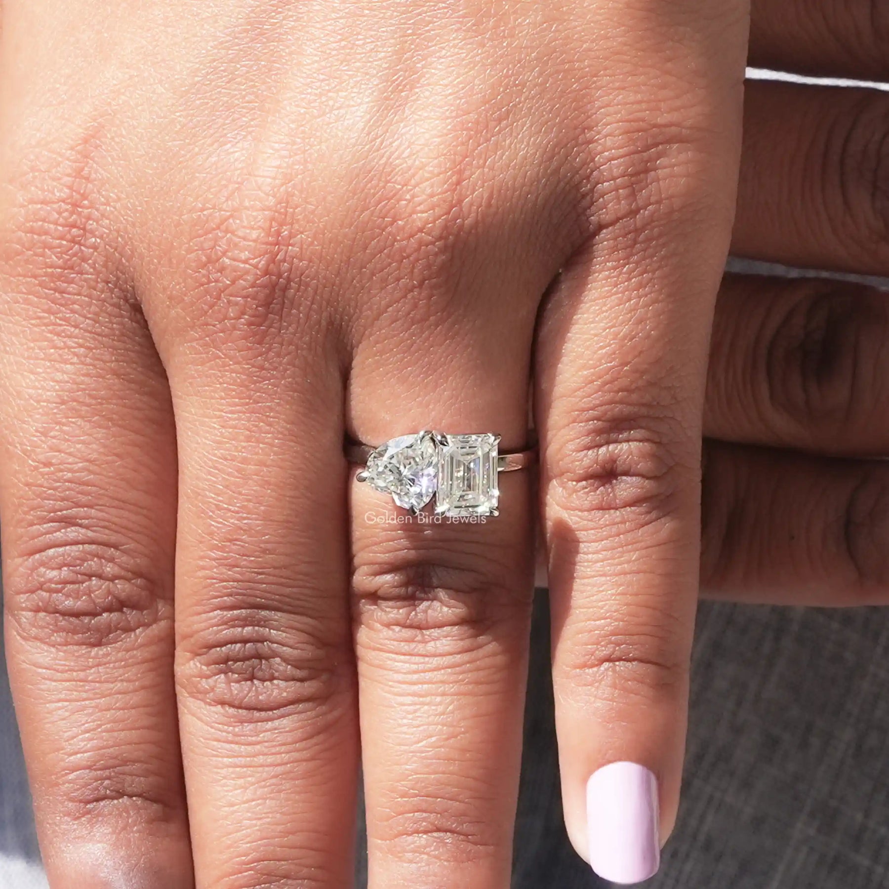 Toi Et Moi Heart And Emerald  cut Ring in prongs setting