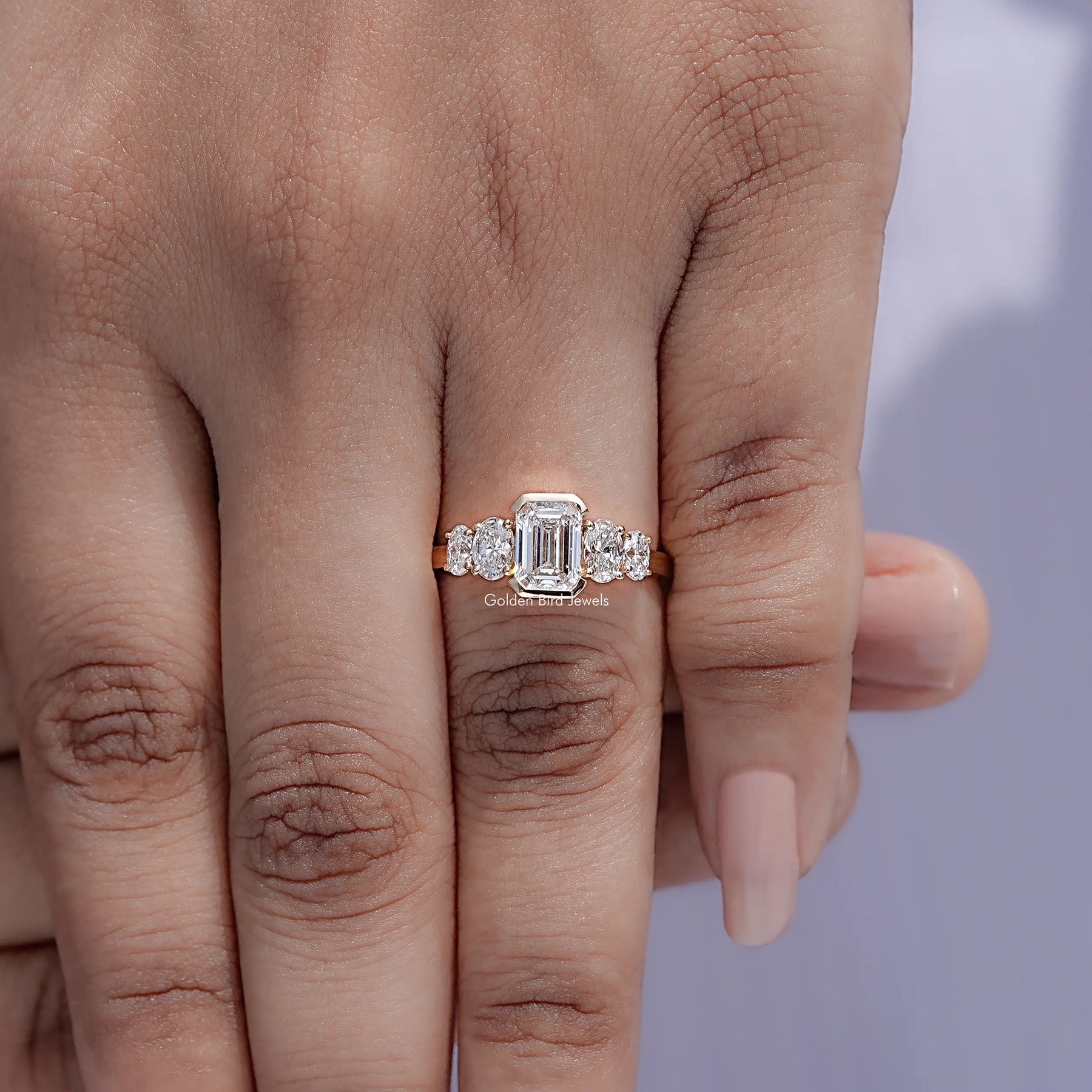 Display view of Pear And Baguette Cut Lab Diamond Five Stone Ring