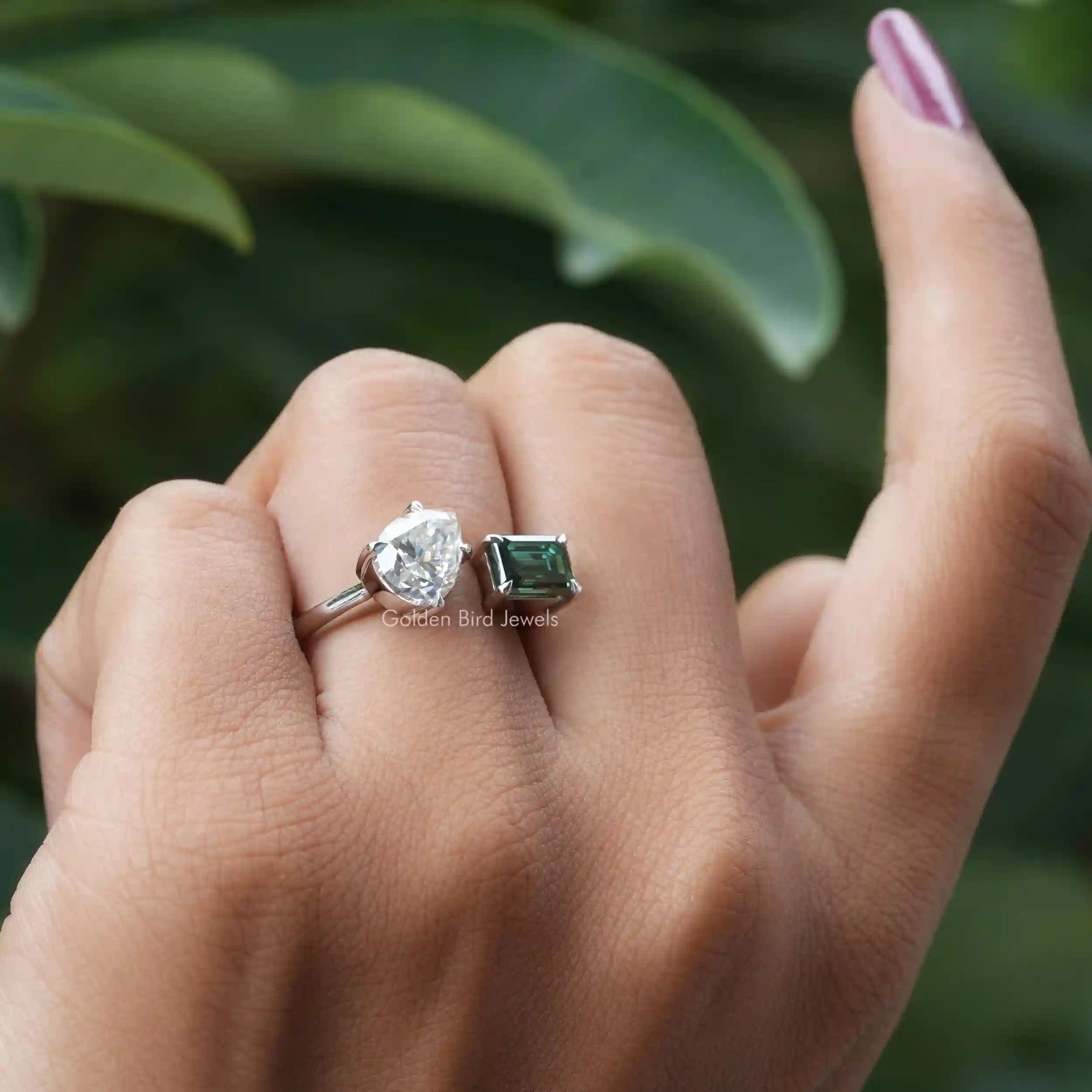 In Finger a Pear And Emerald Cut Moissanite Ring In multi-color