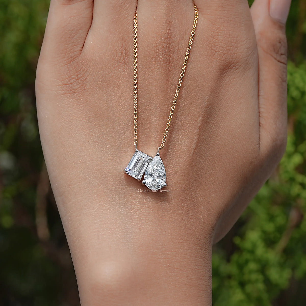 Emerald And Pear Lab Diamond Two Stone Pendant