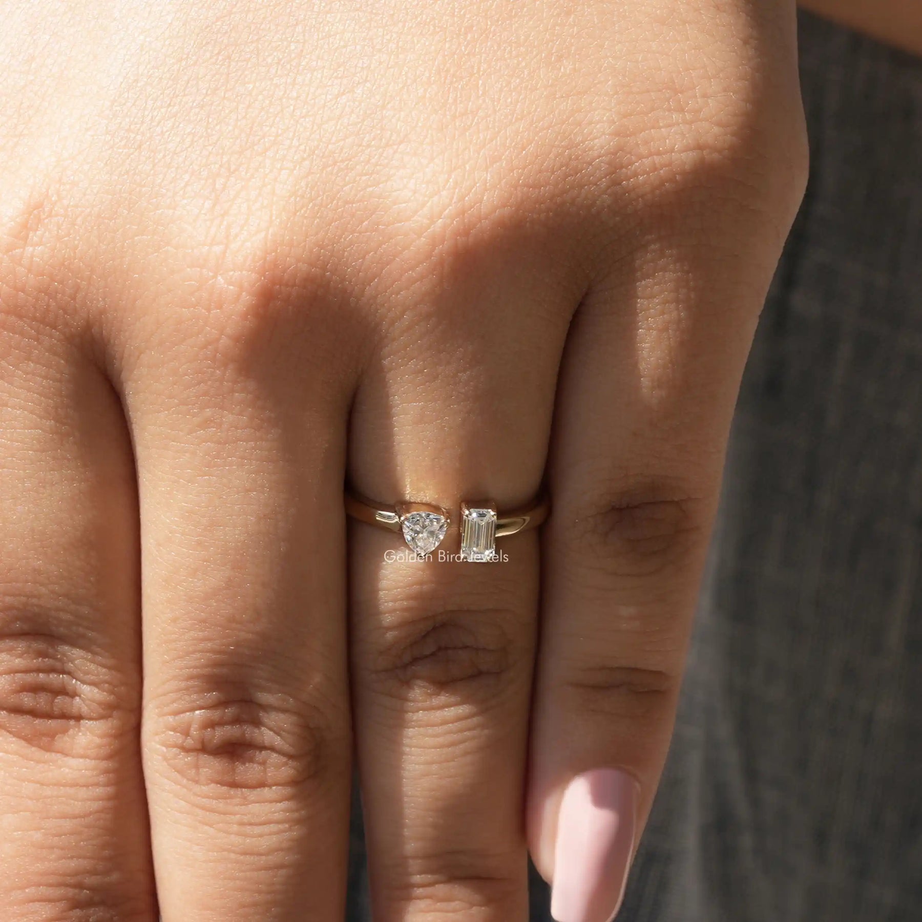 View of Triangle Cut Moissanite Toi Et Moi Ring In Yellow Gold