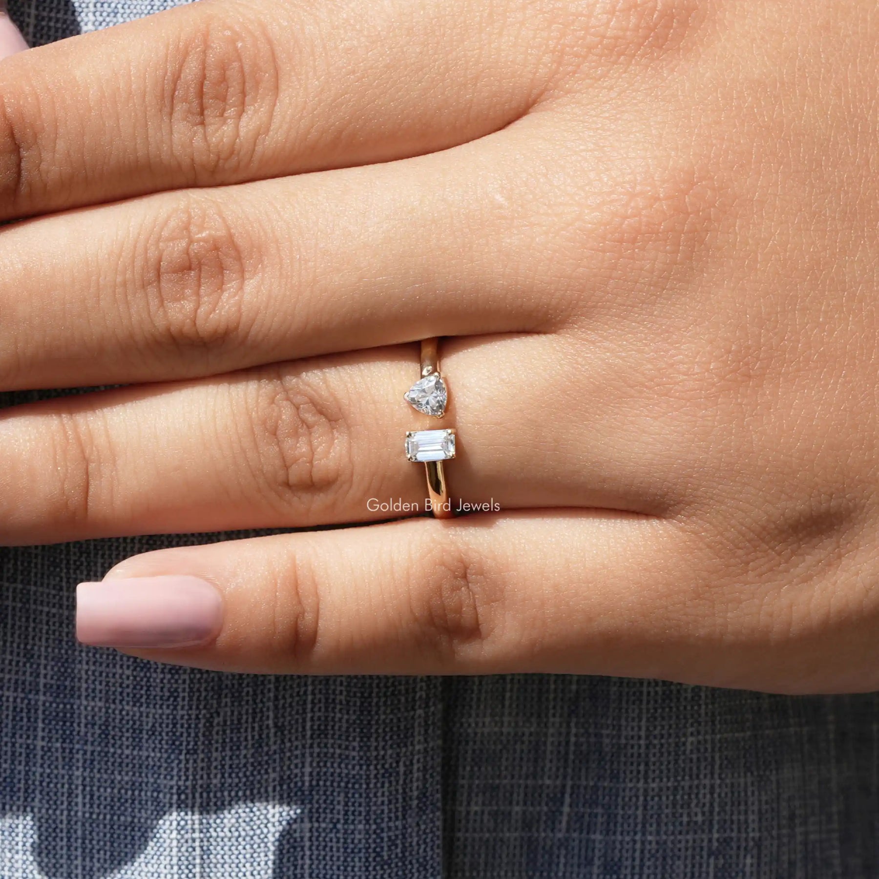 Emerald And Trillion Cut Moissanite Toi Et Moi Ring In Yellow Gold