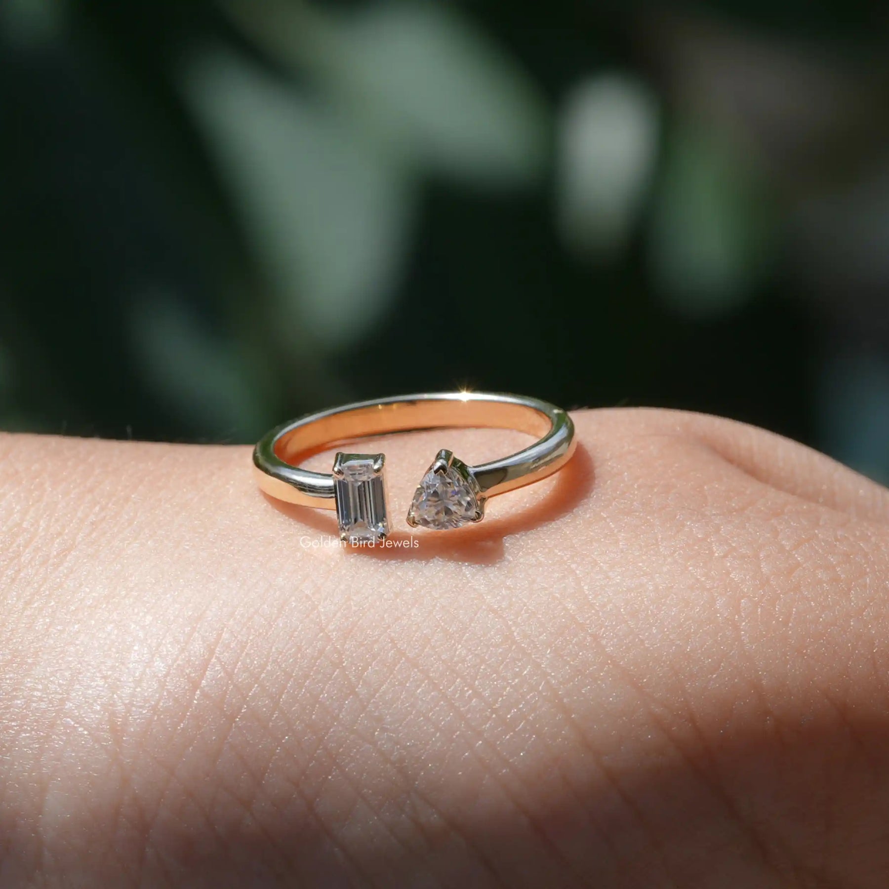 Detailed View Of Emerald And Trillion Cut Moissanite Ring In White Gold