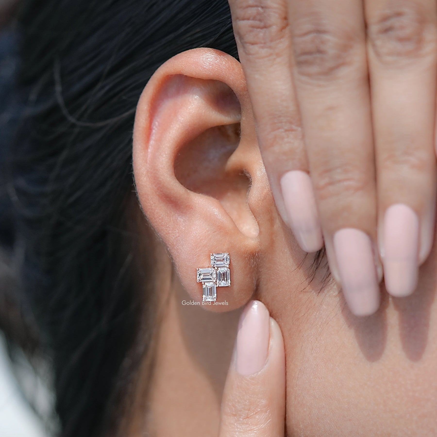 close view of Emerald Cut Lab Grown Diamond Drop Earrings