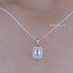 Close up view of Emerald Cut Lab Grown Diamond Halo Pendant