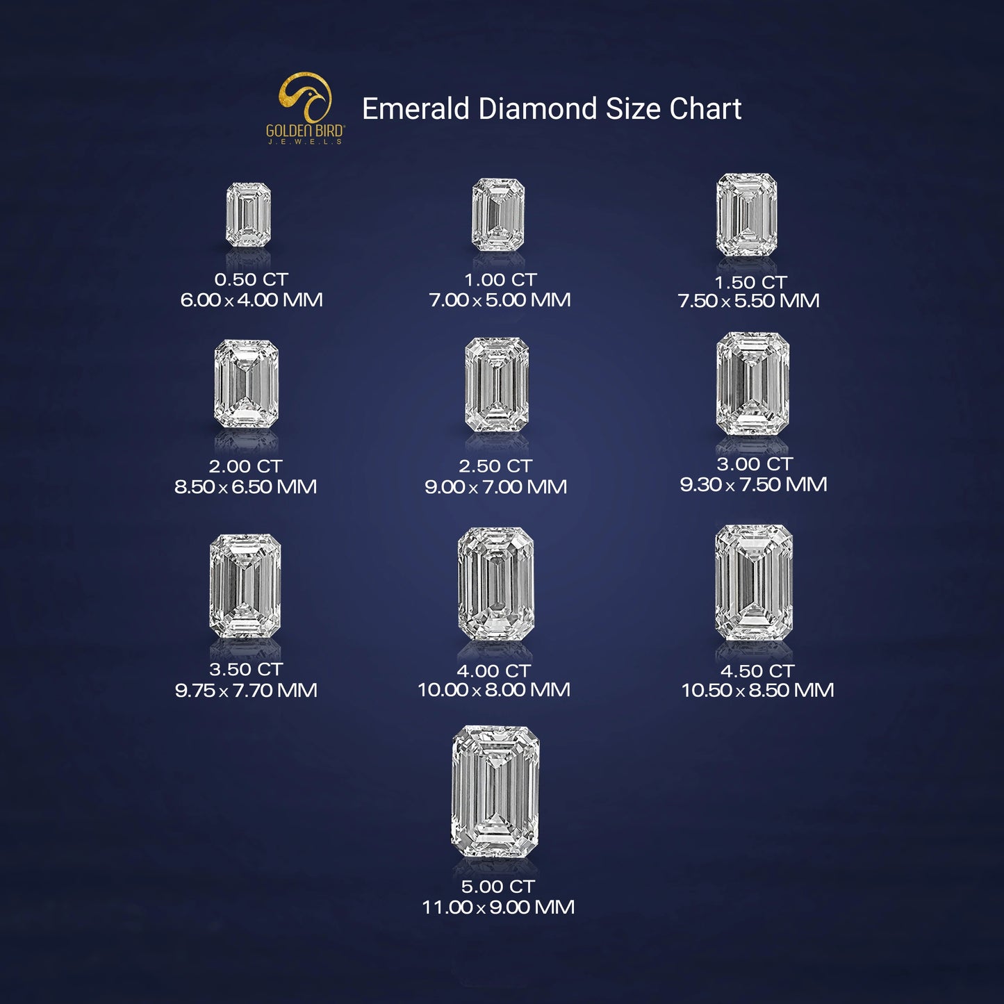 Close-Up View of Emerald Diamond Size Chart In White