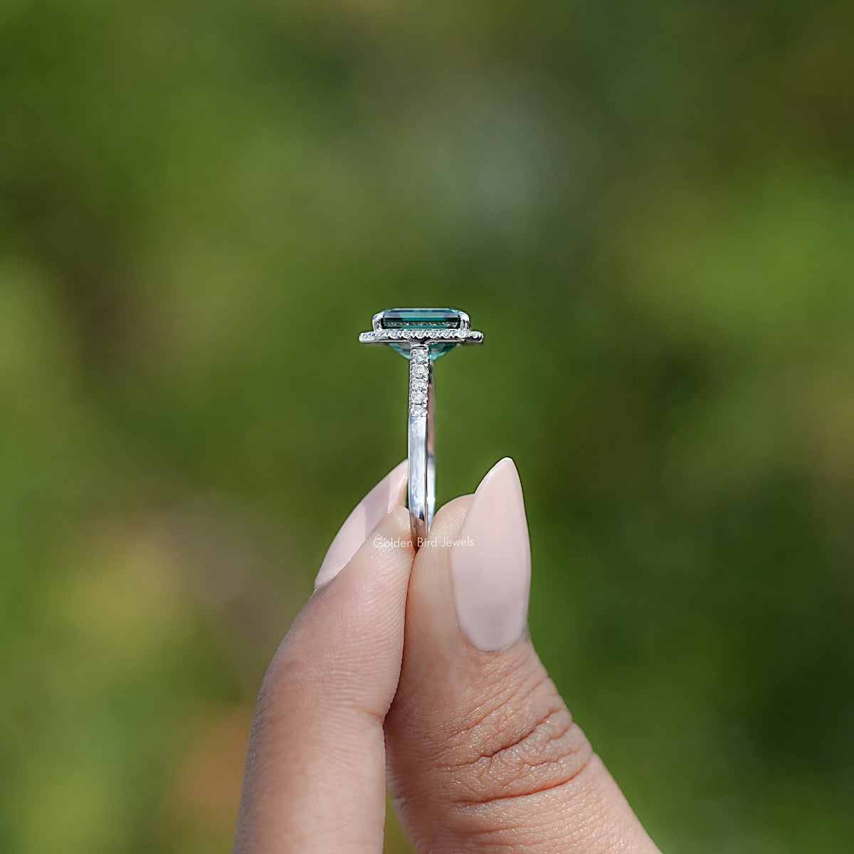 Emerald Moissanite Halo Accent Engagement Ring